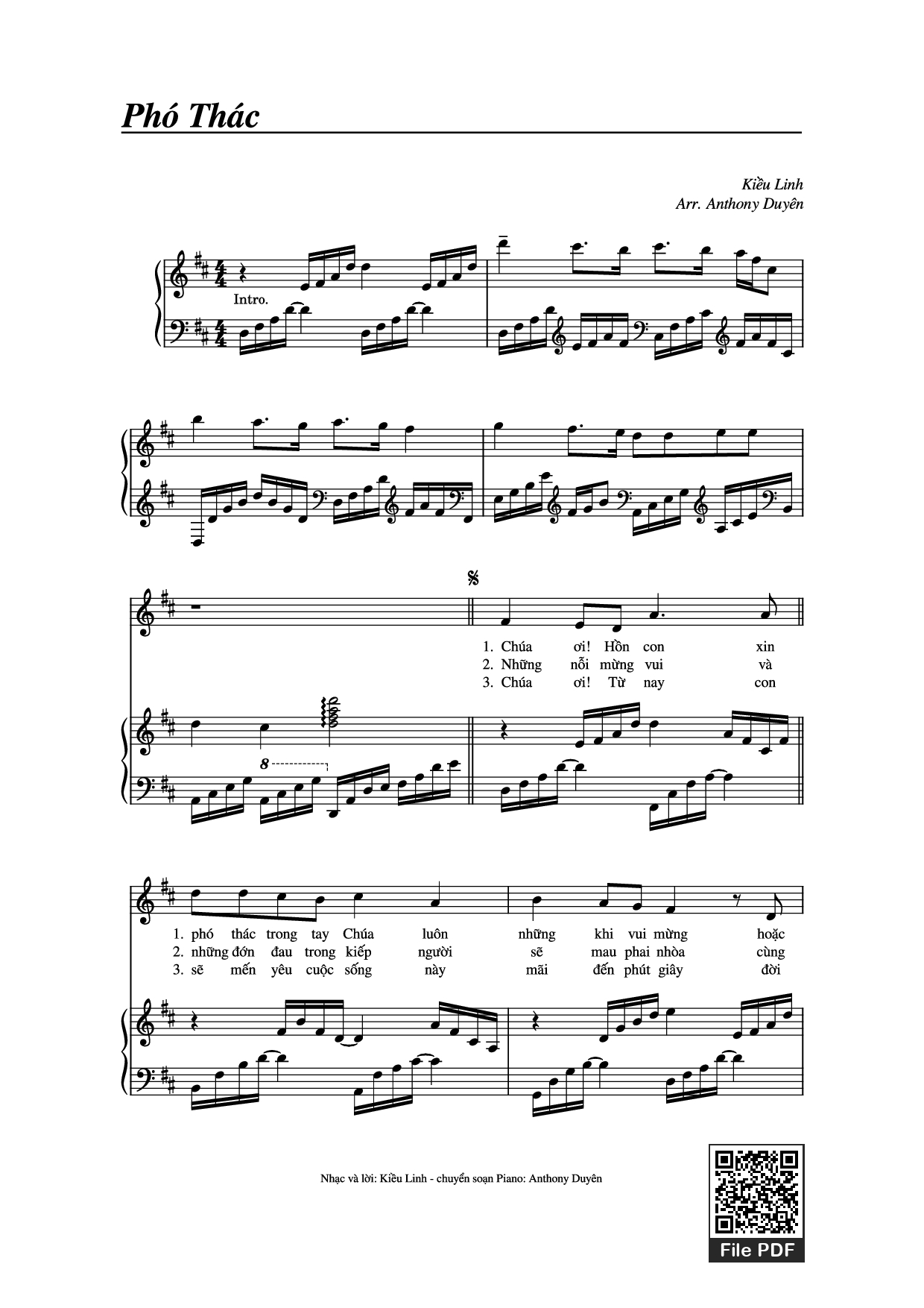 Page 1 of the piano sheet music PDF Piano – Phó Thác Piano đệm hát by Kiều Linh