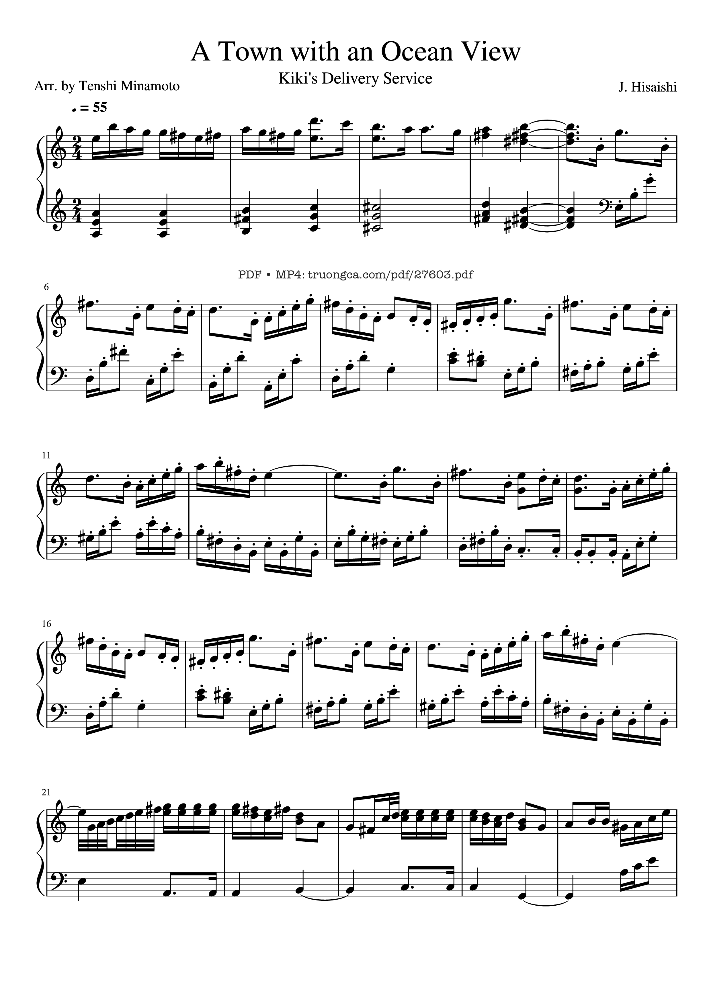 Page 1 of the piano sheet music PDF Piano – A Town with an Ocean View Piano (Advance) by Joe Hisaishi