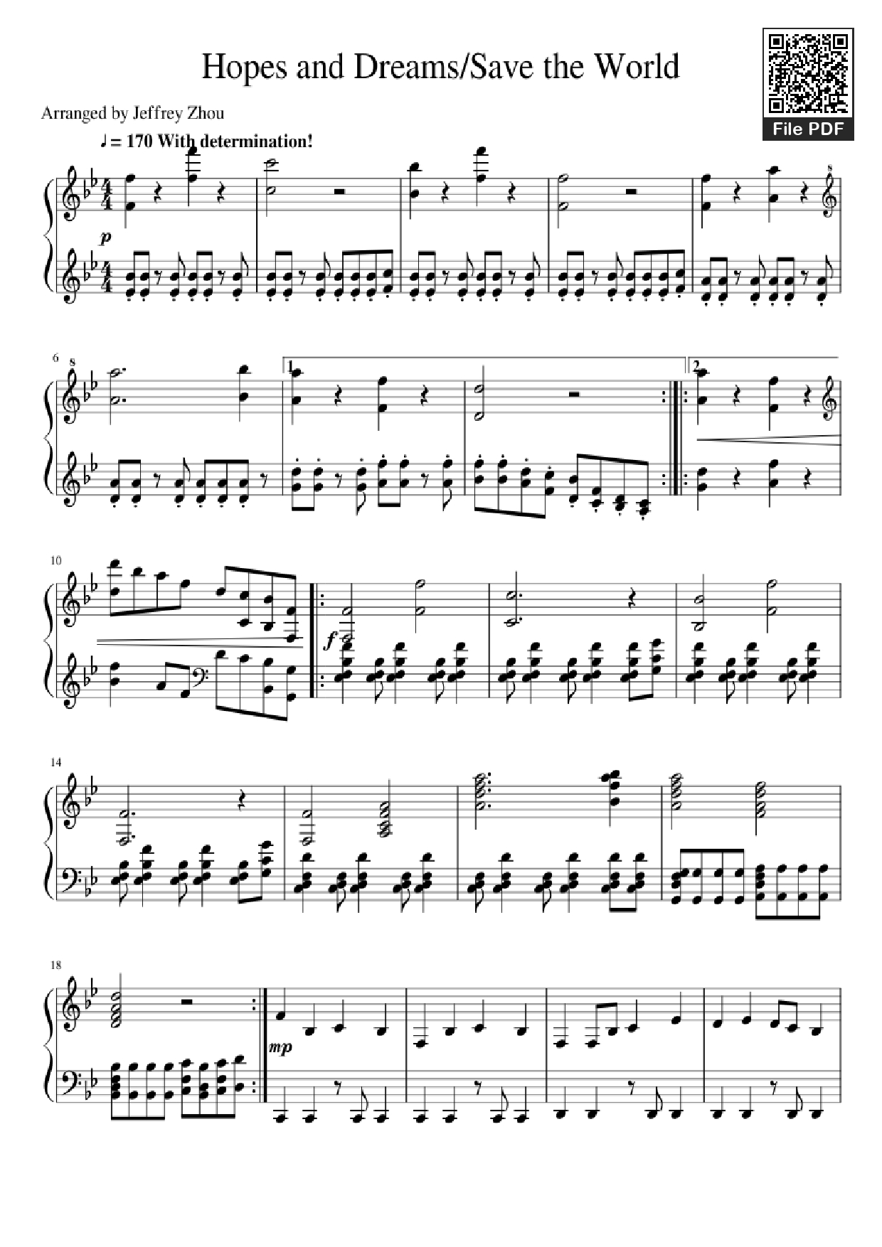 Page 1 of the piano sheet music PDF Piano – Hopes and Dreams/Save the World Piano by Toby Fox
