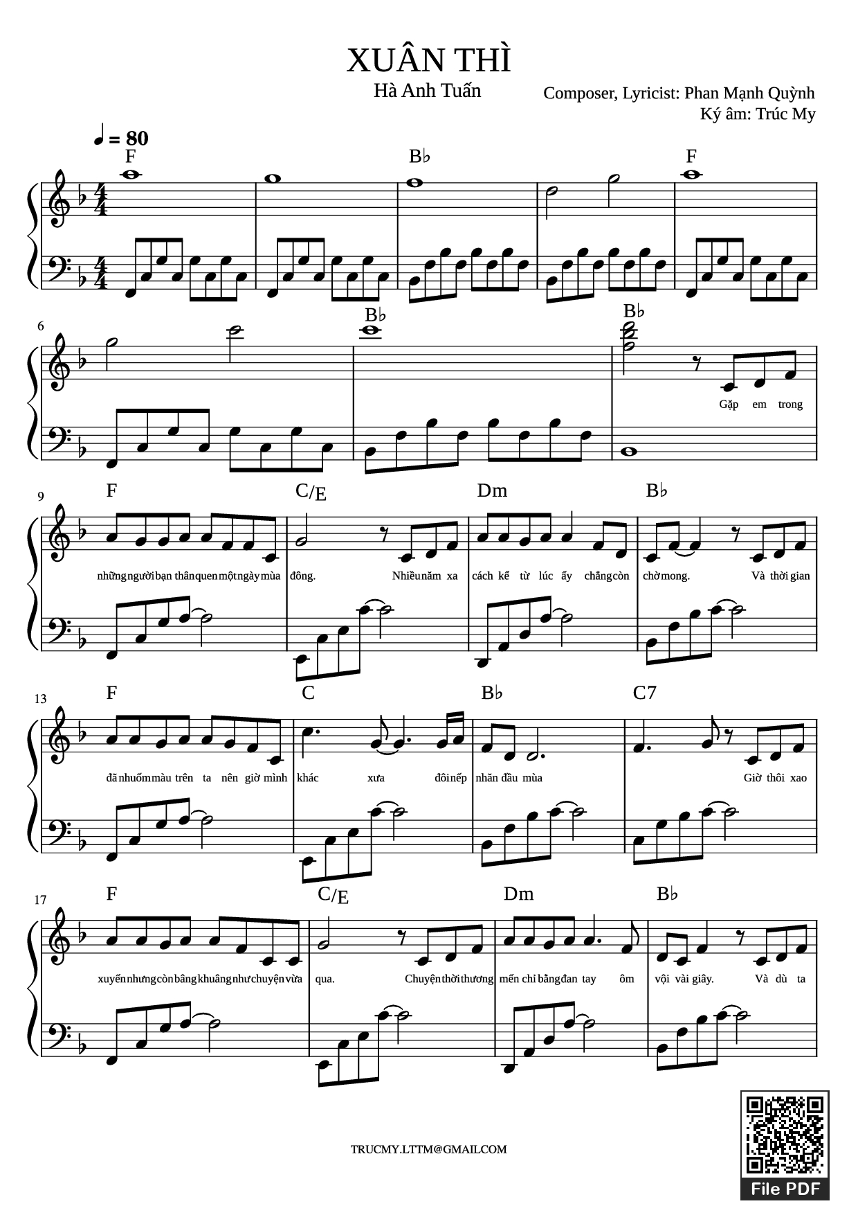 Page 1 of the piano sheet music PDF Piano – Xuân thì Piano cover by Phan Mạnh Quỳnh