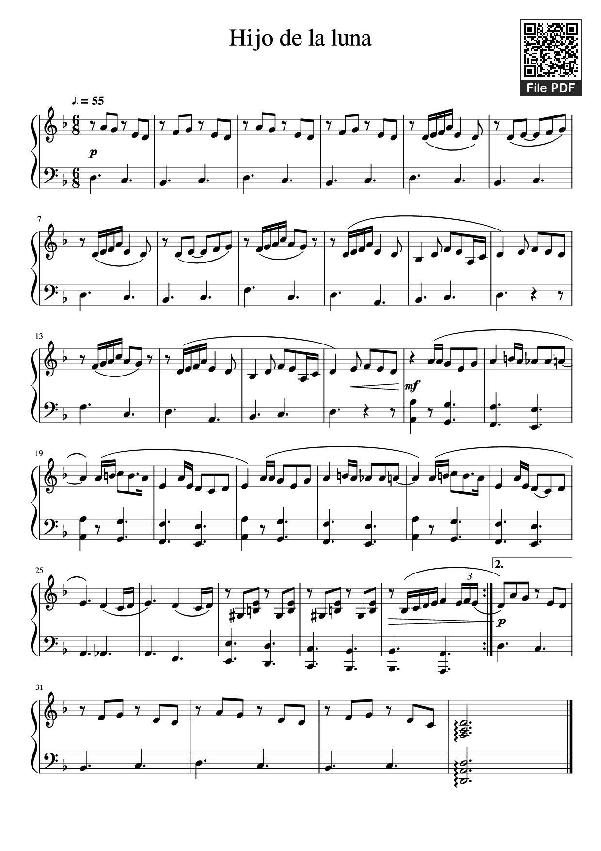 Page 1 of the piano sheet music PDF Piano – Hijo de la luna Piano by Undefined