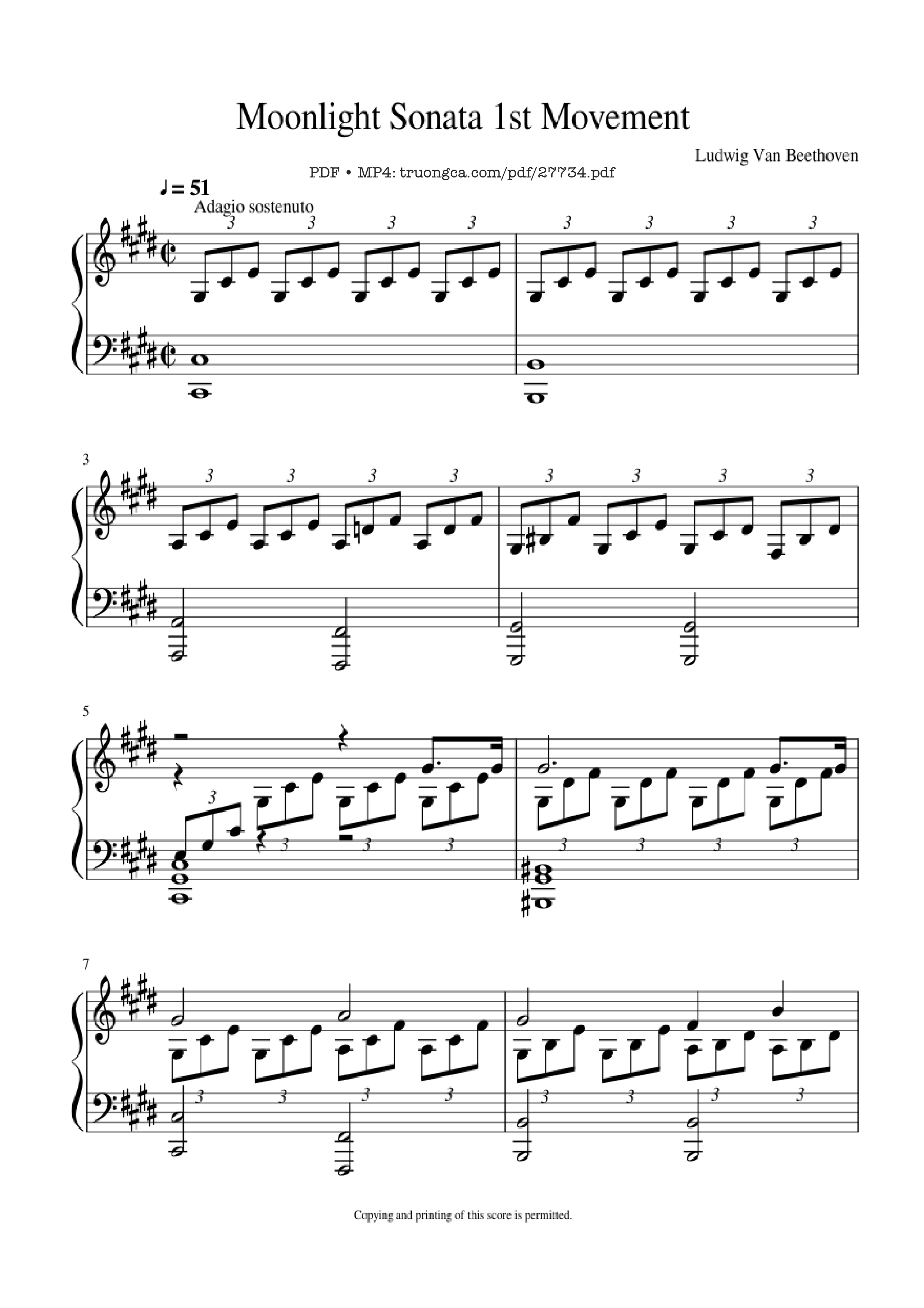 Page 1 of the piano sheet music PDF Piano – Moonlight Sonata 1st Movement Piano by Ludwig Van Beethoven