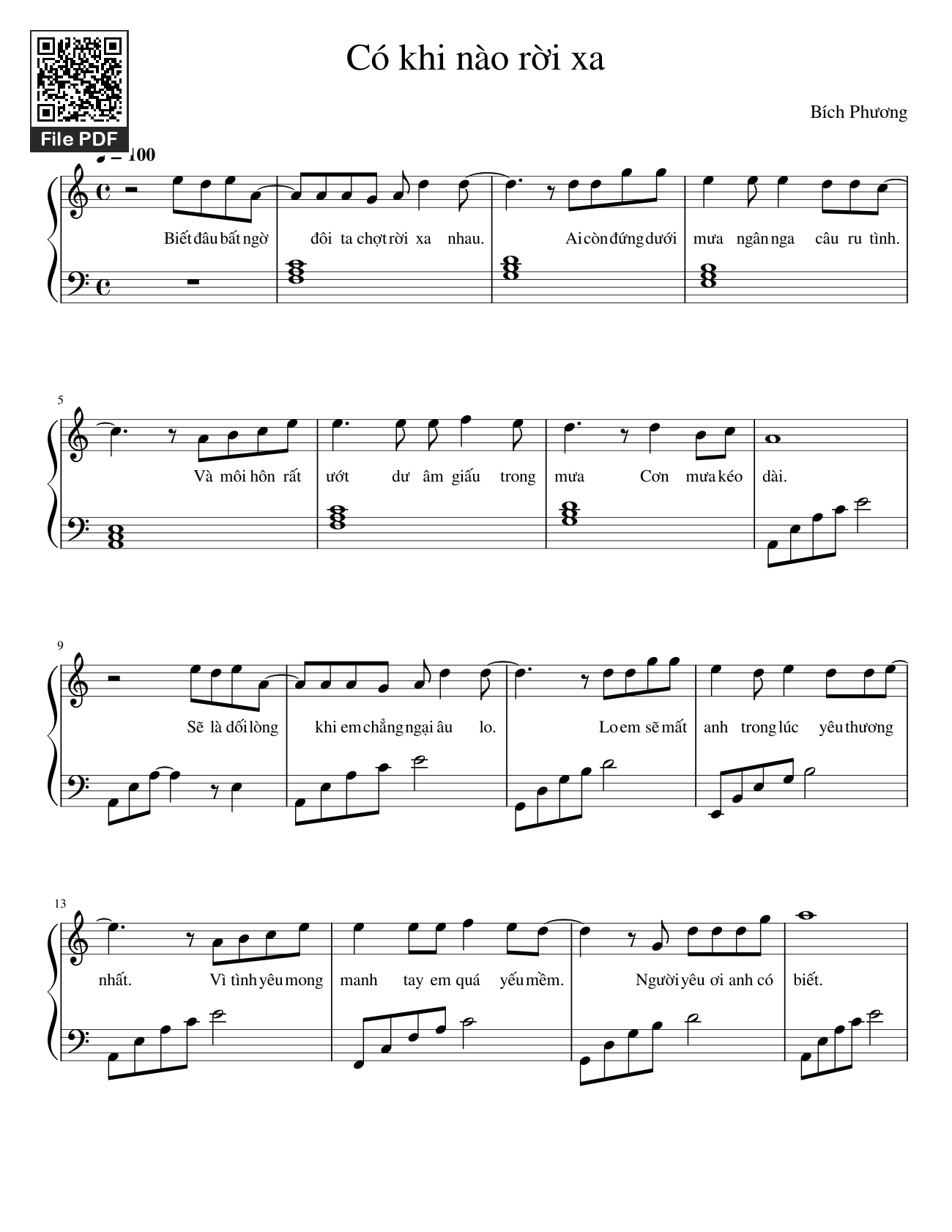 Page 1 of the piano sheet music PDF – Có khi nào rời xa Piano by Bích Phương