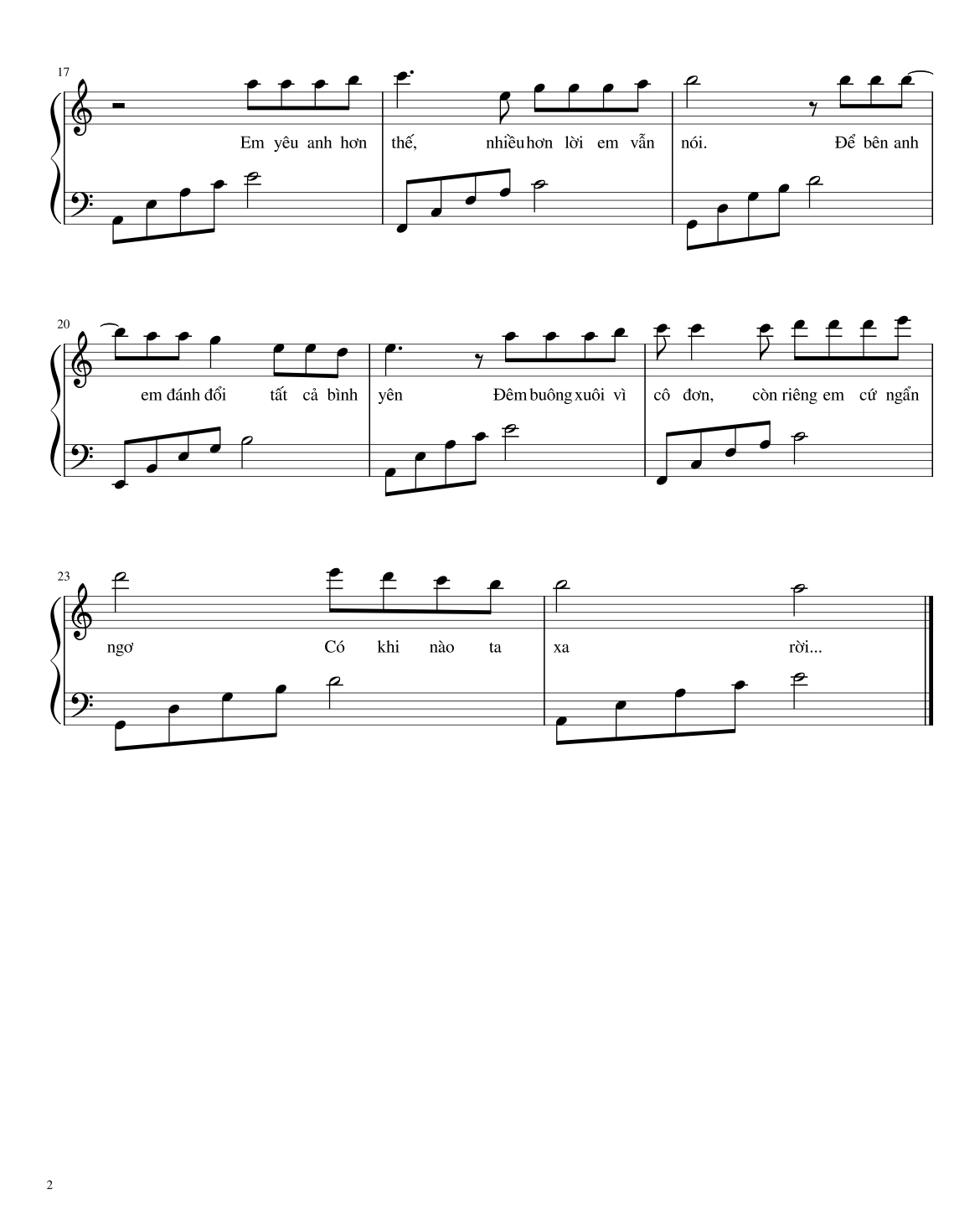 Page 2 of the piano sheet music PDF – Có khi nào rời xa Piano by Bích Phương
