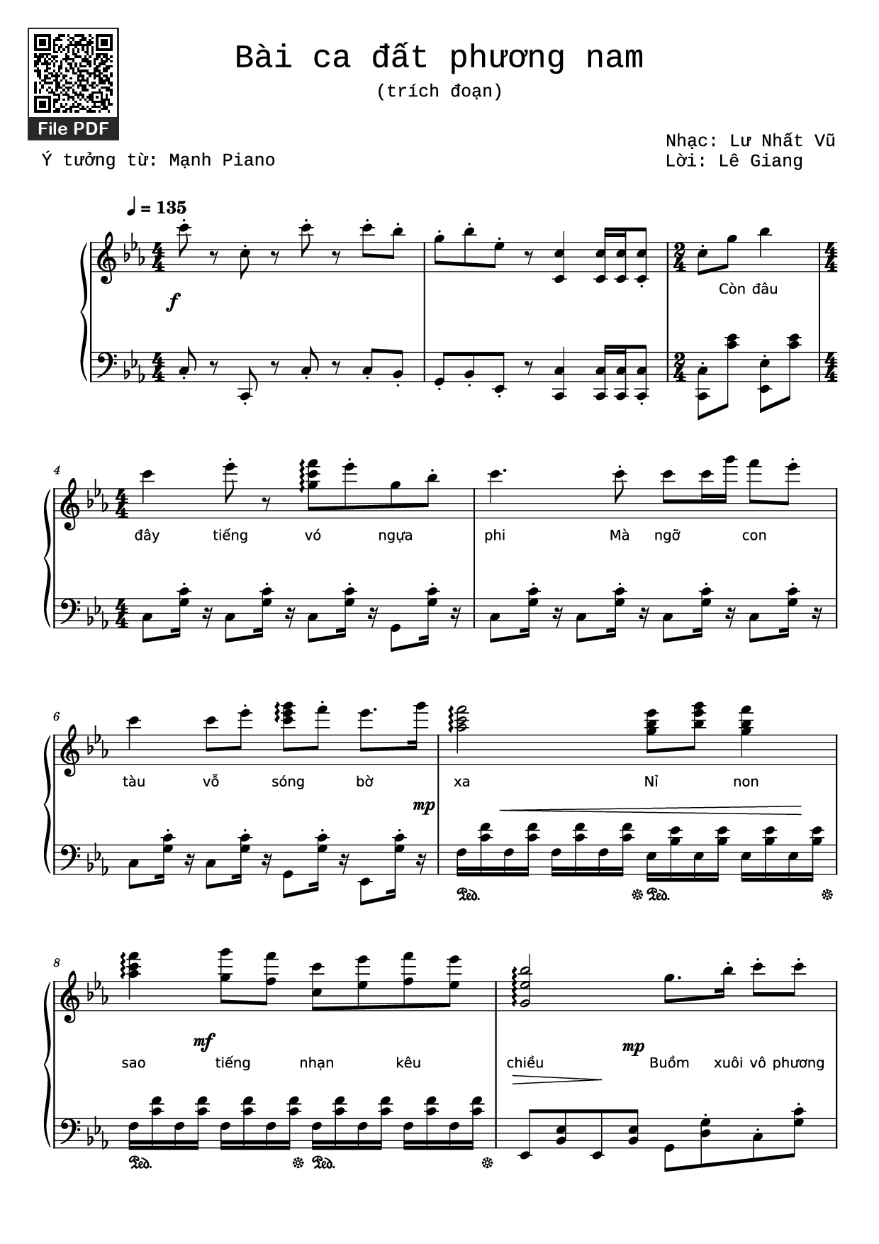 Page 1 of the piano sheet music PDF Piano – Bài ca đất phương nam Piano by Lư Nhất Vũ