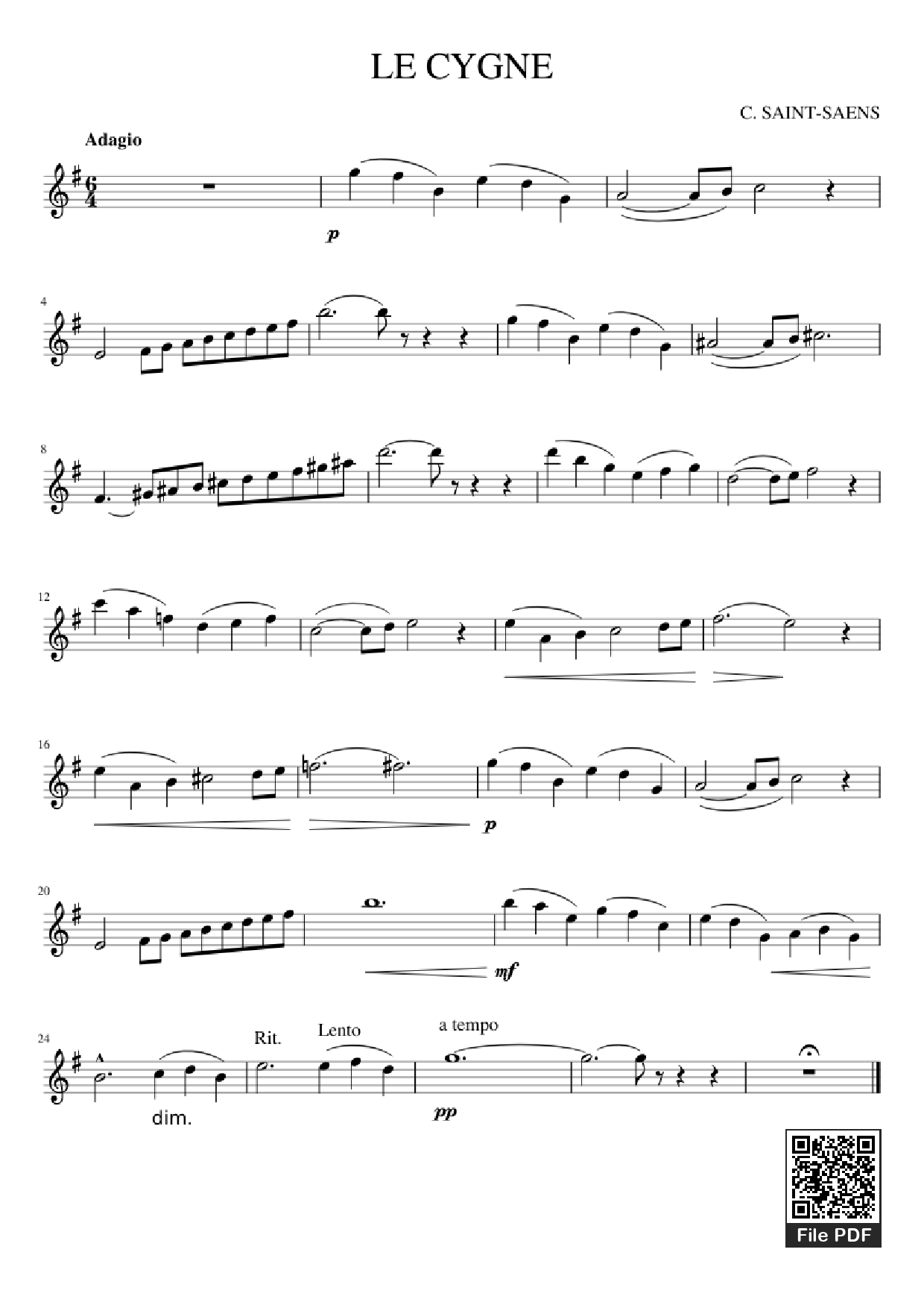 Page 1 of the piano sheet music PDF – LE CYGNE Violin by C. SAINT-SAENS