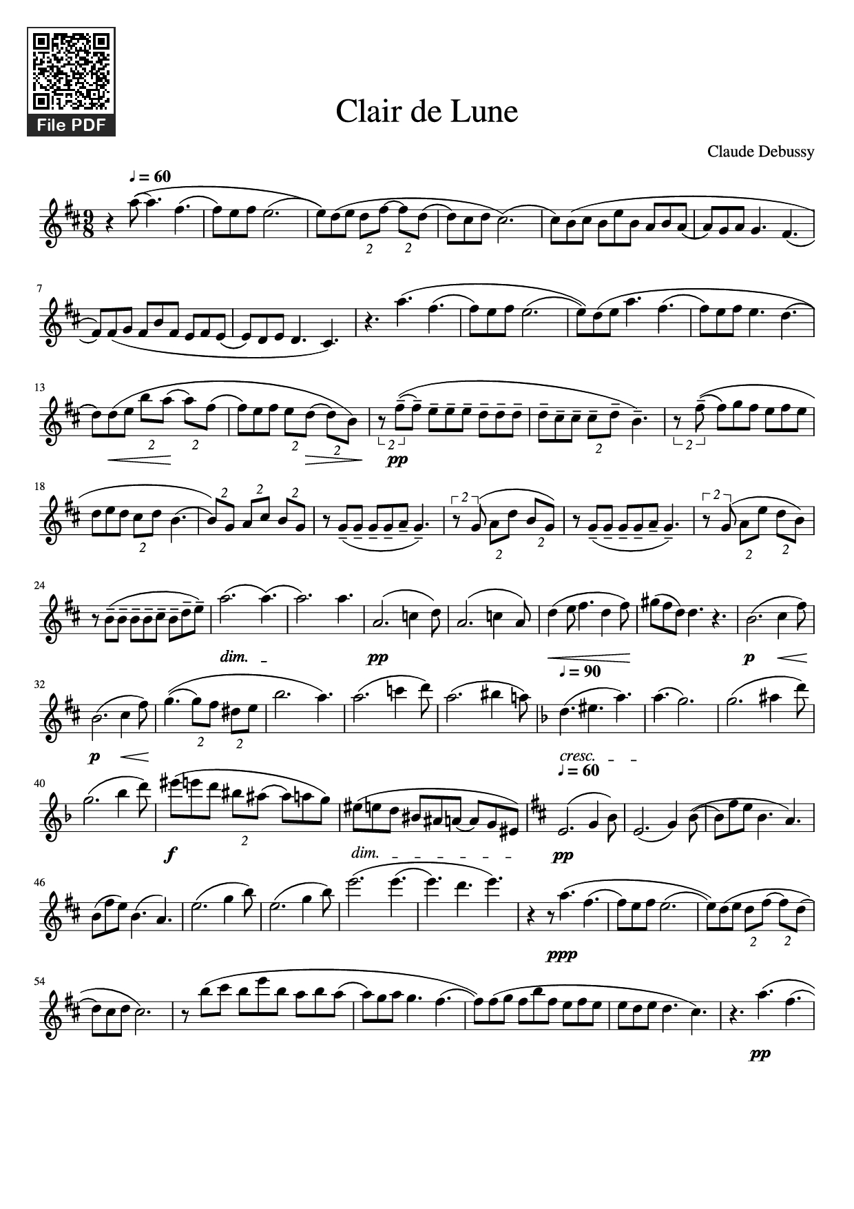 Page 1 of the piano sheet music PDF – Clair de Lune Violin by Claude Debussy