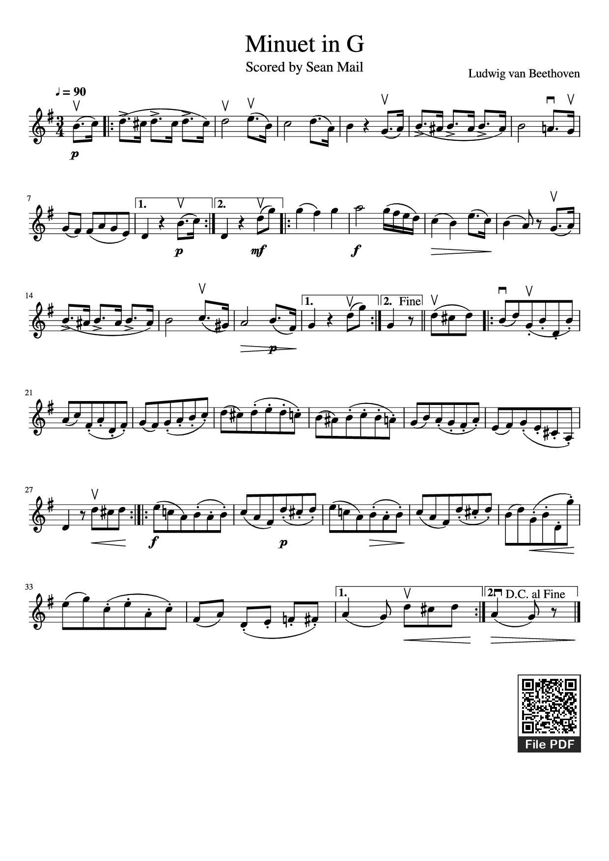 Page 1 of the piano sheet music PDF – Minuet in G Violin by Ludwig van Beethoven