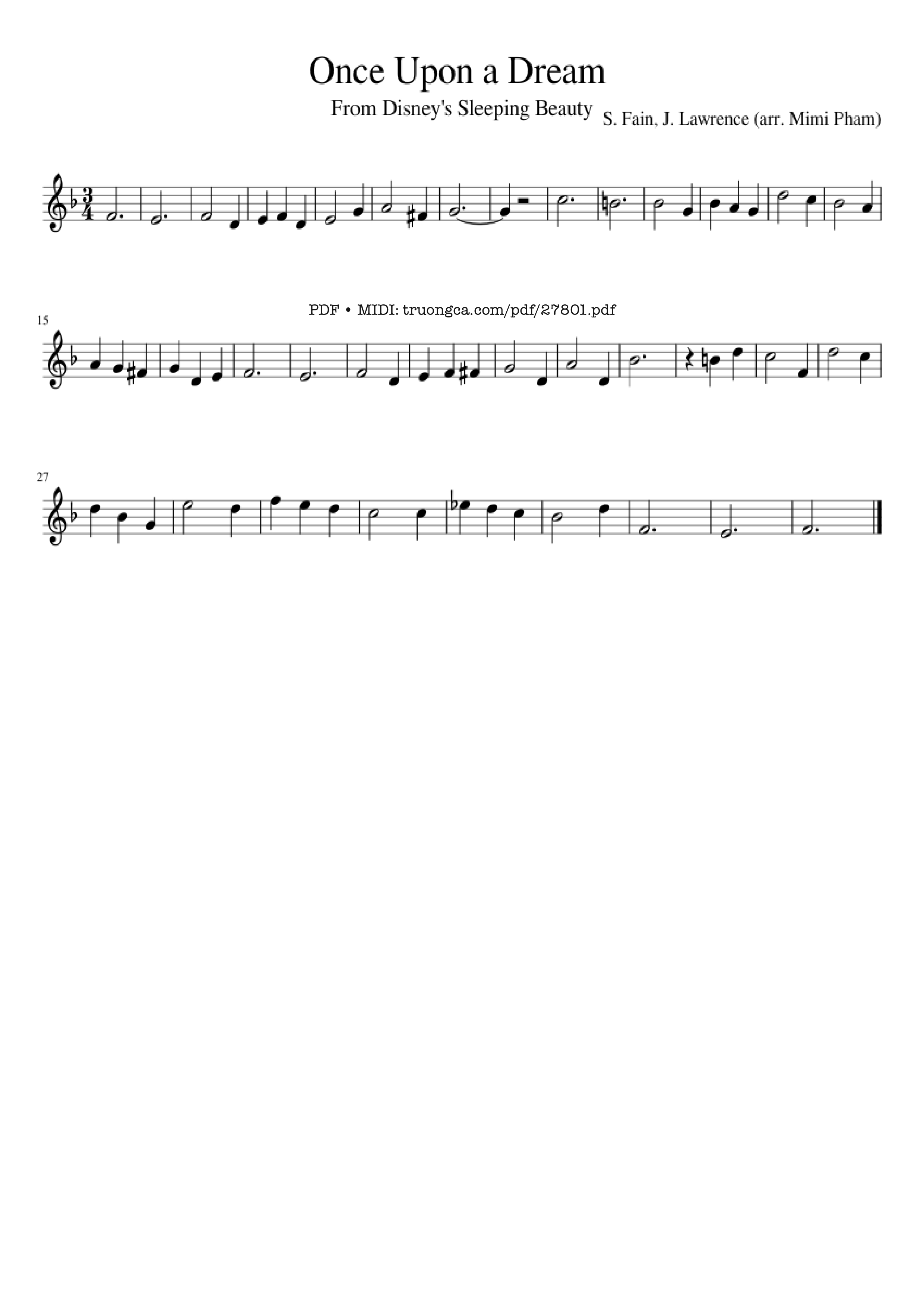 Page 1 of the piano sheet music PDF – Once Upon a Dream Violin by S. Fain, J. Lawrence (arr. Mimi Pham