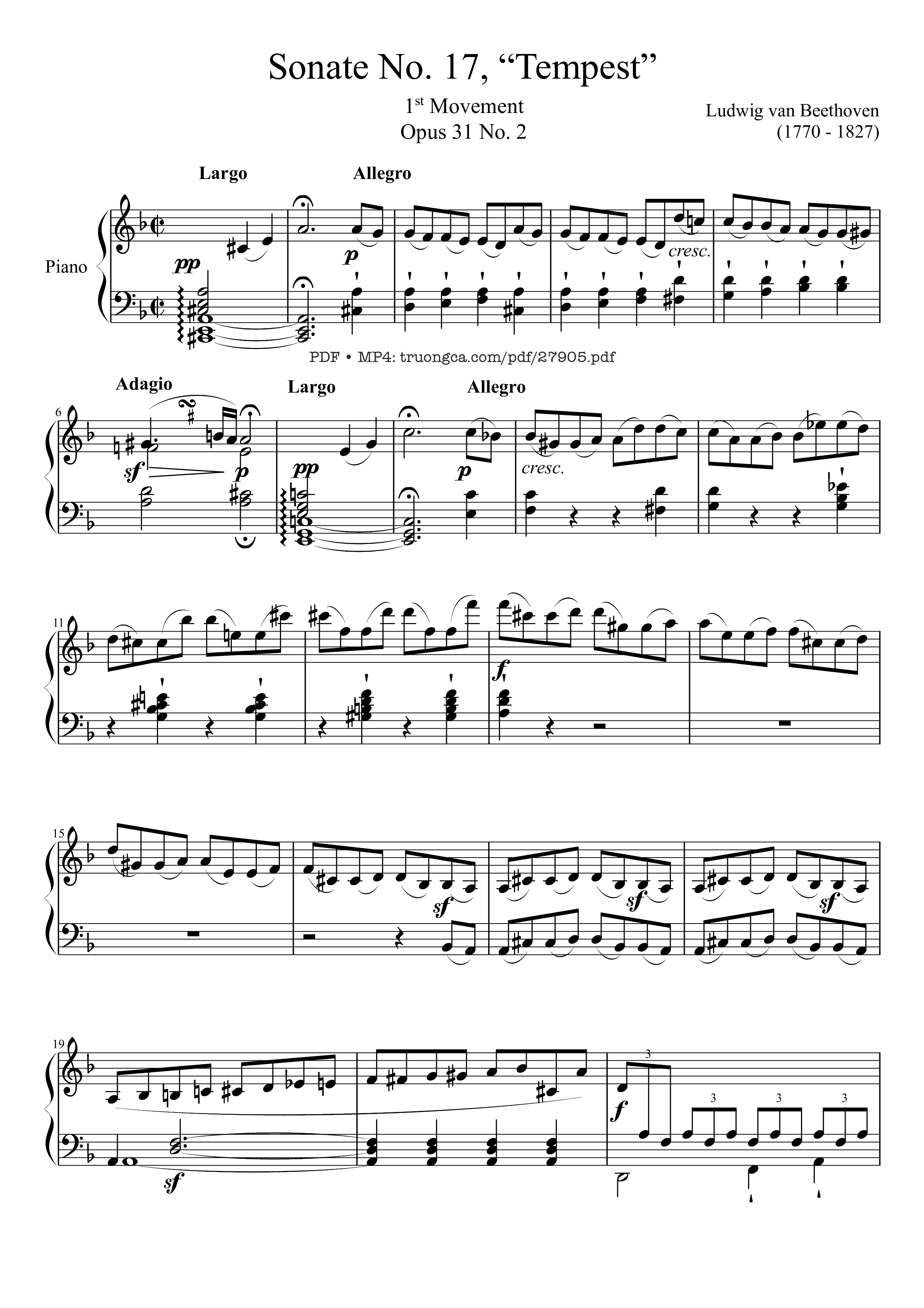 Page 1 of the piano sheet music PDF Piano – Sonate No. 17, Tempest (1st Movement) by Ludwig van Beethoven