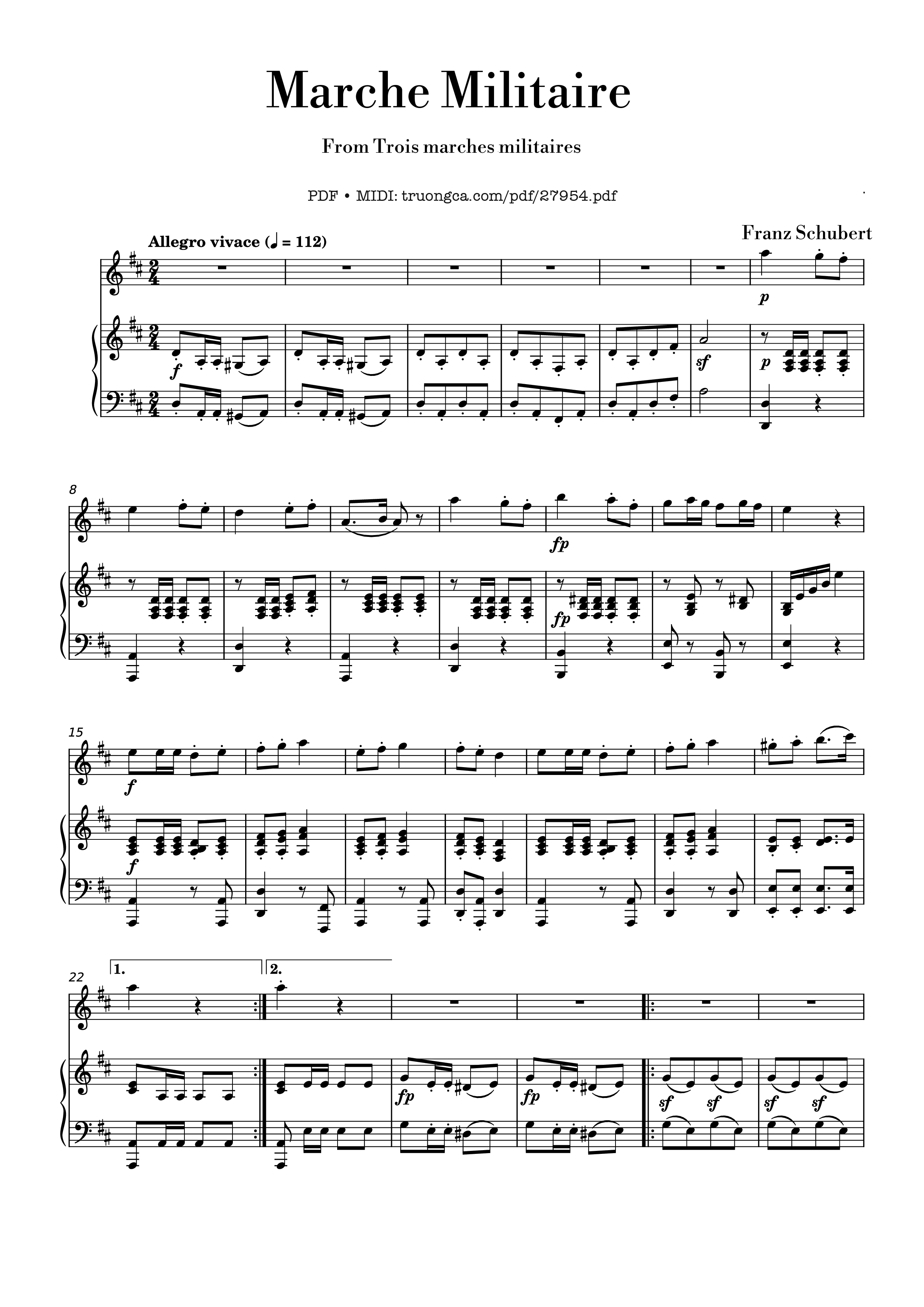 Page 1 of the piano sheet music PDF Piano – Marche Militaire Violin & Piano by Franz Schubert (1797–1828)