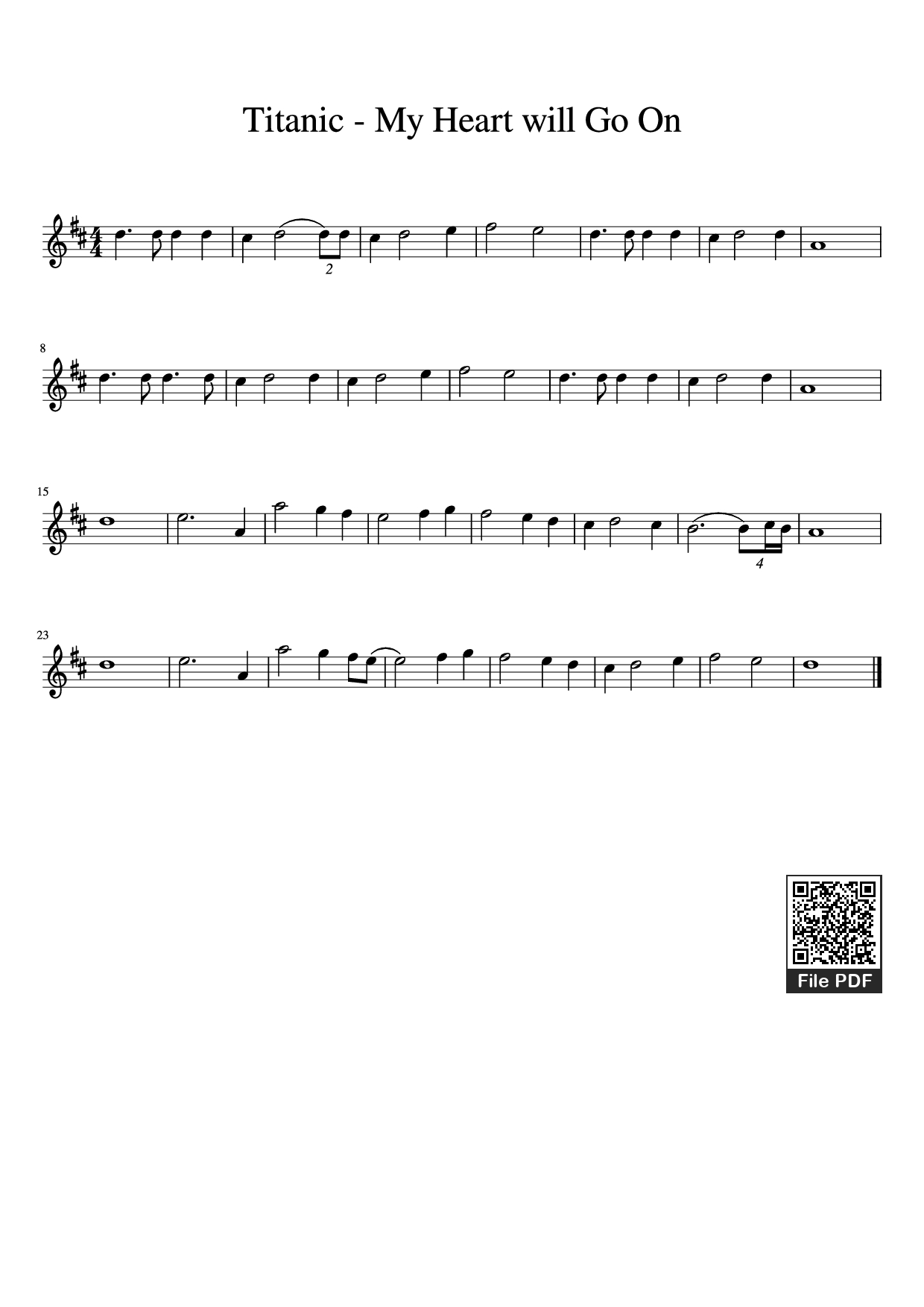 Page 1 of the piano sheet music PDF – Titanic - My Heart will Go On Violin by Undefined