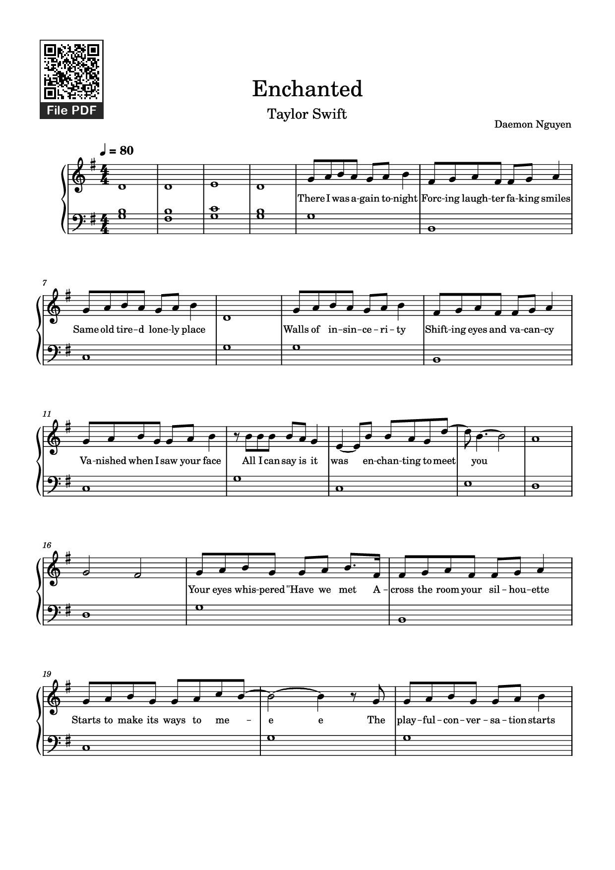 Page 1 of the piano sheet music PDF Piano – Enchanted Piano easy by Taylor Swift
