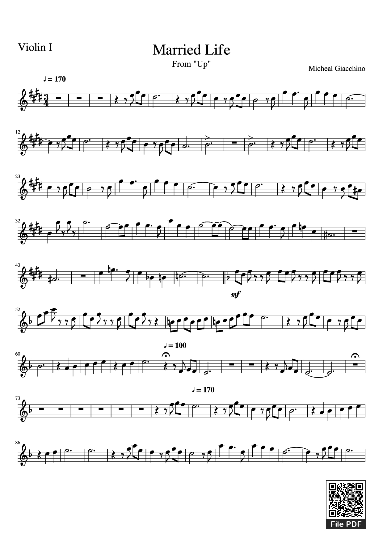 Page 1 of the piano sheet music PDF – Married Life Violin by Micheal Giacchino