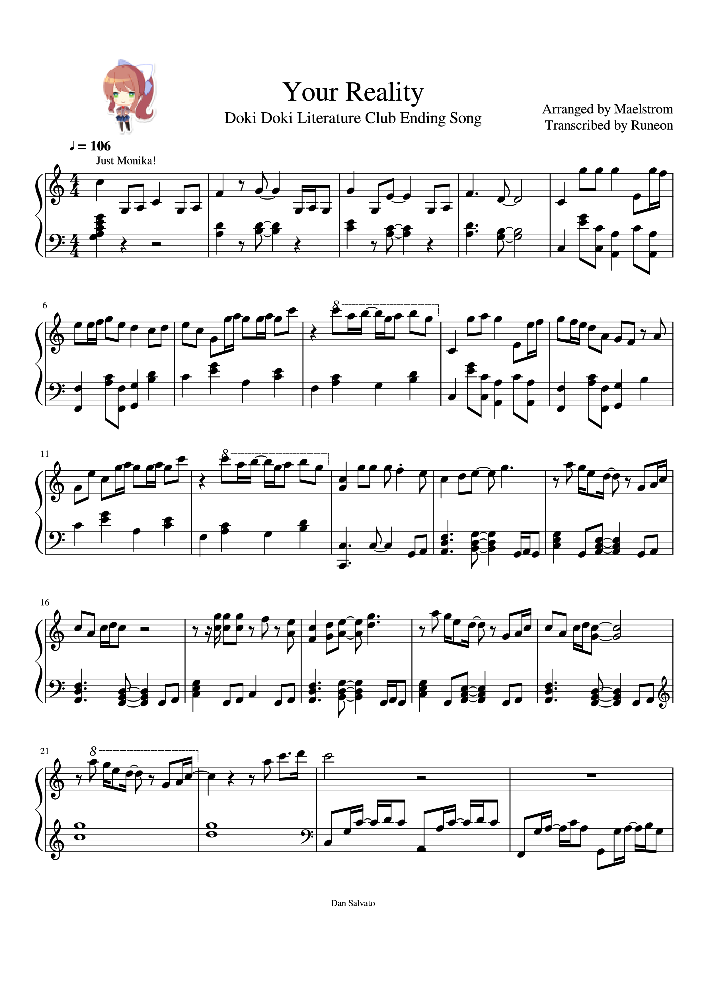 Page 1 of the piano sheet music PDF Piano – Your Reality Piano by Arranged by Maelstrom Transcribed by Runeon