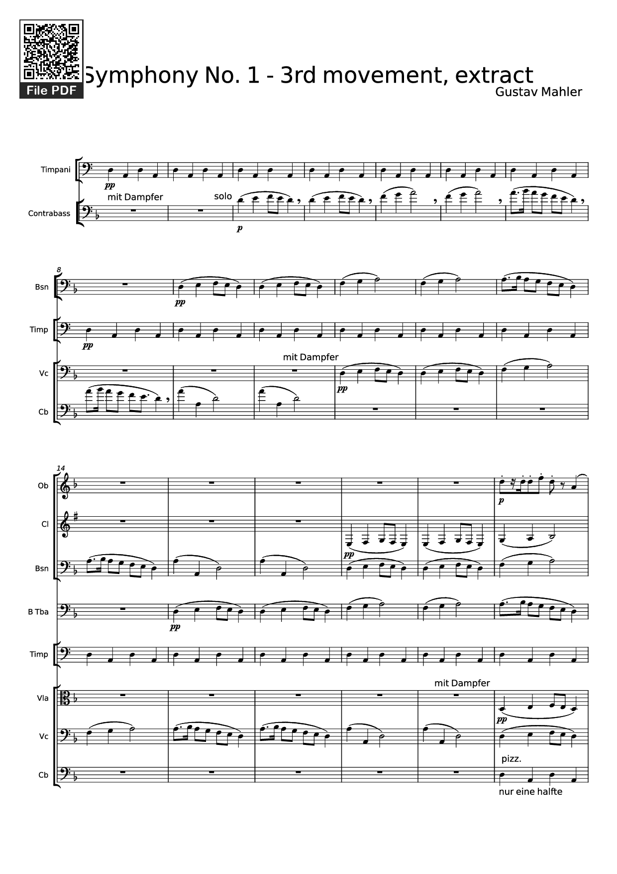 Page 1 of the piano sheet music PDF – Symphony No. 1 - 3rd movement, extract by Gustav Mahler