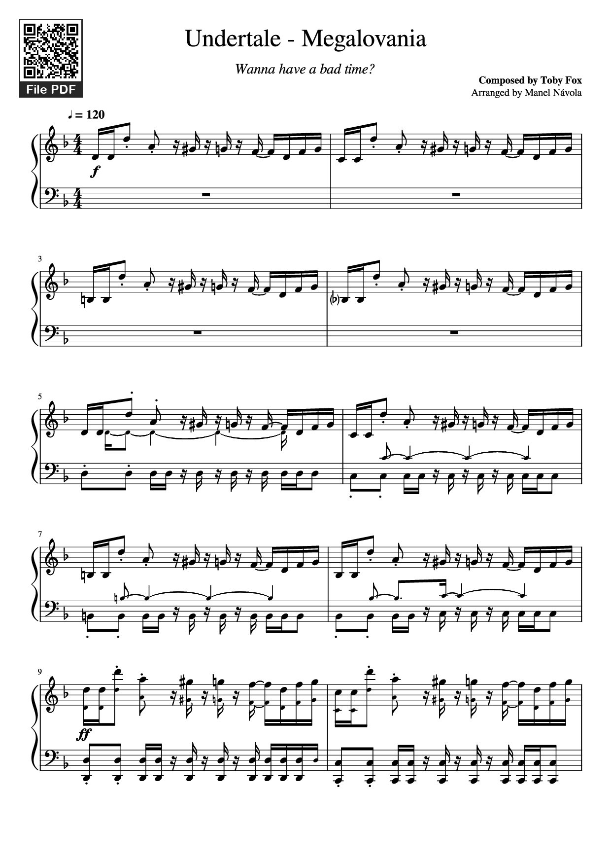Page 1 of the piano sheet music PDF Piano – Undertale - Megalovania Piano by Composed by Toby Fox