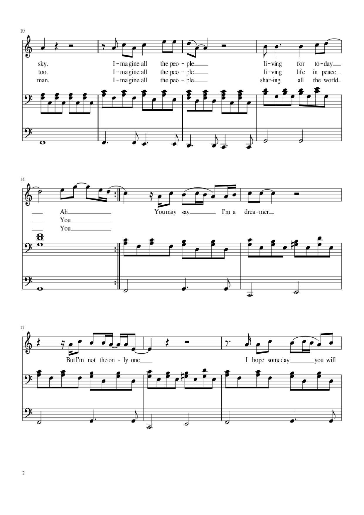 Page 2 of the piano sheet music PDF Piano – Imagine Piano & Vocal by John Lennon