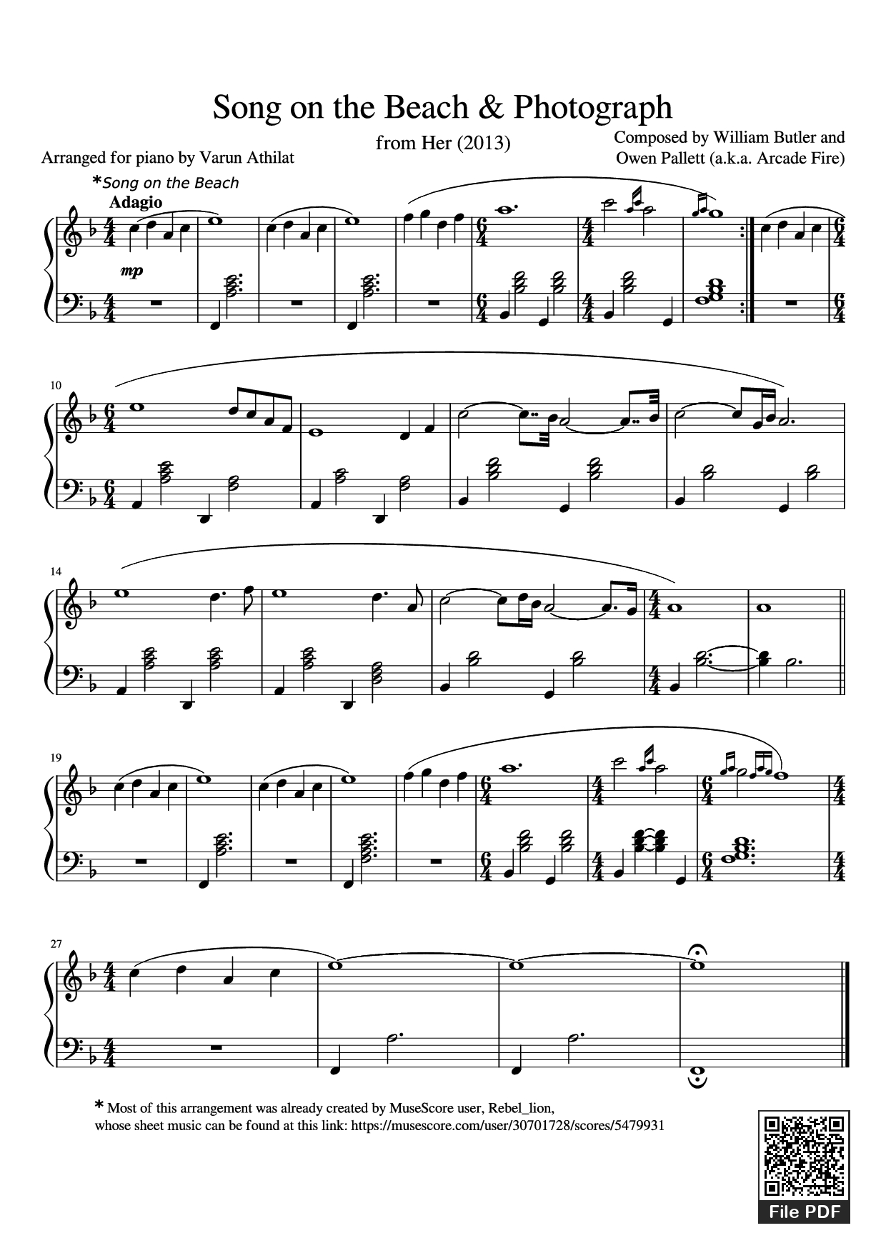 Page 1 of the piano sheet music PDF Piano – Song on the Beach & Photograph Piano by Composed by William Butler and