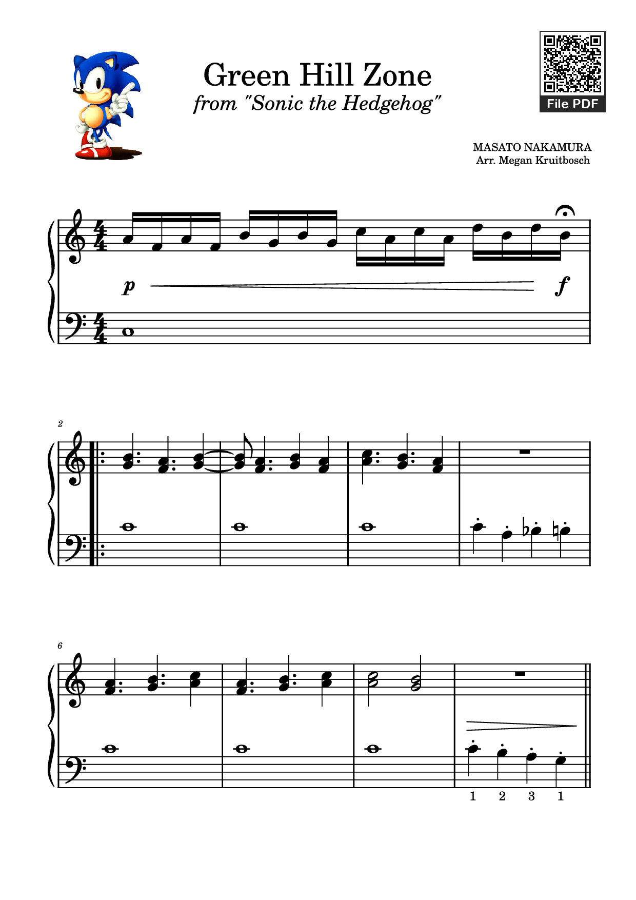 Page 1 of the piano sheet music PDF Piano – Green Hill Zone from Sonic the Hedgehog Piano by MASATO NAKAMURA