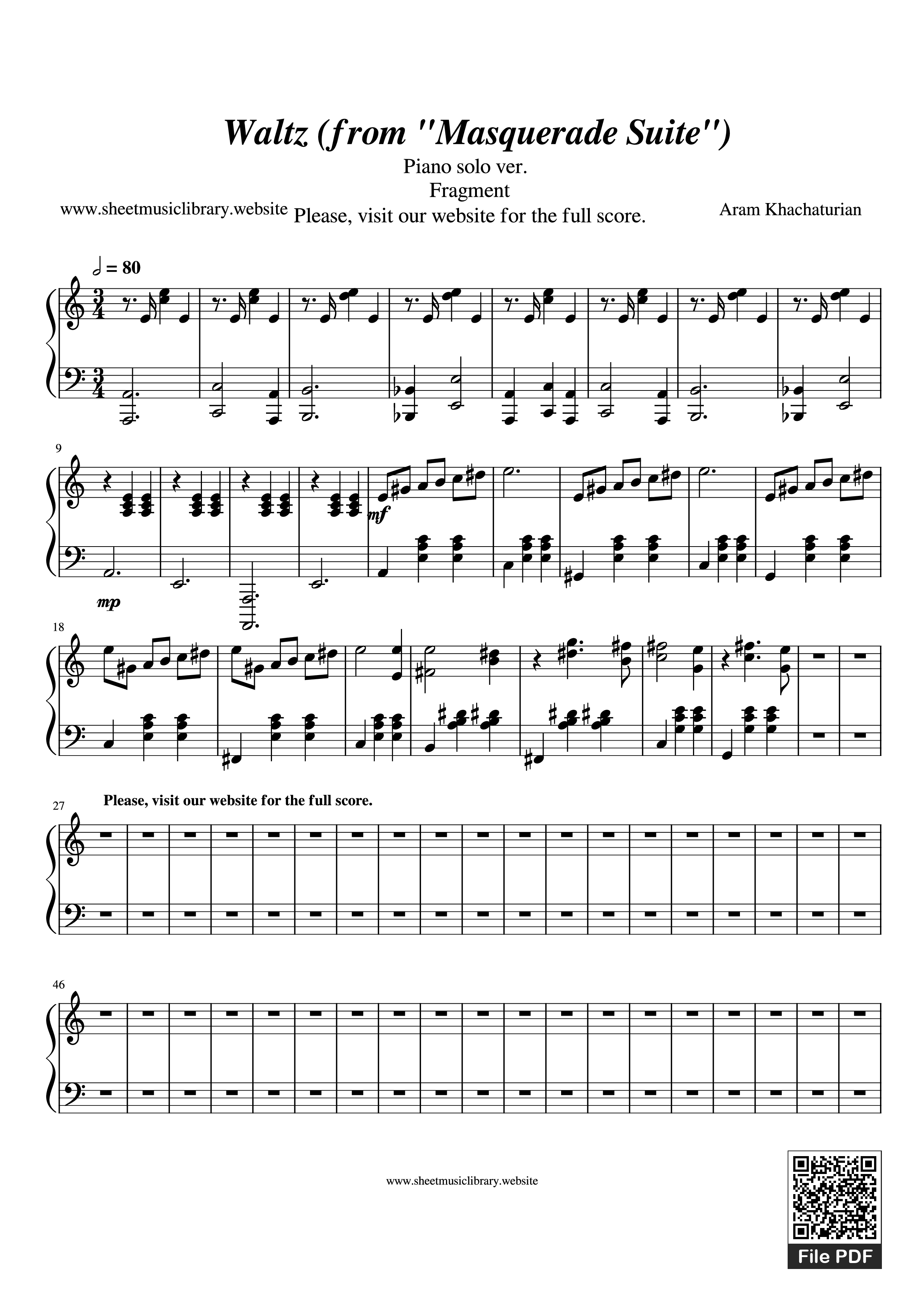 Page 1 of the piano sheet music PDF Piano – Waltz (from Masquerade Suite) Piano by Aram Khachaturian