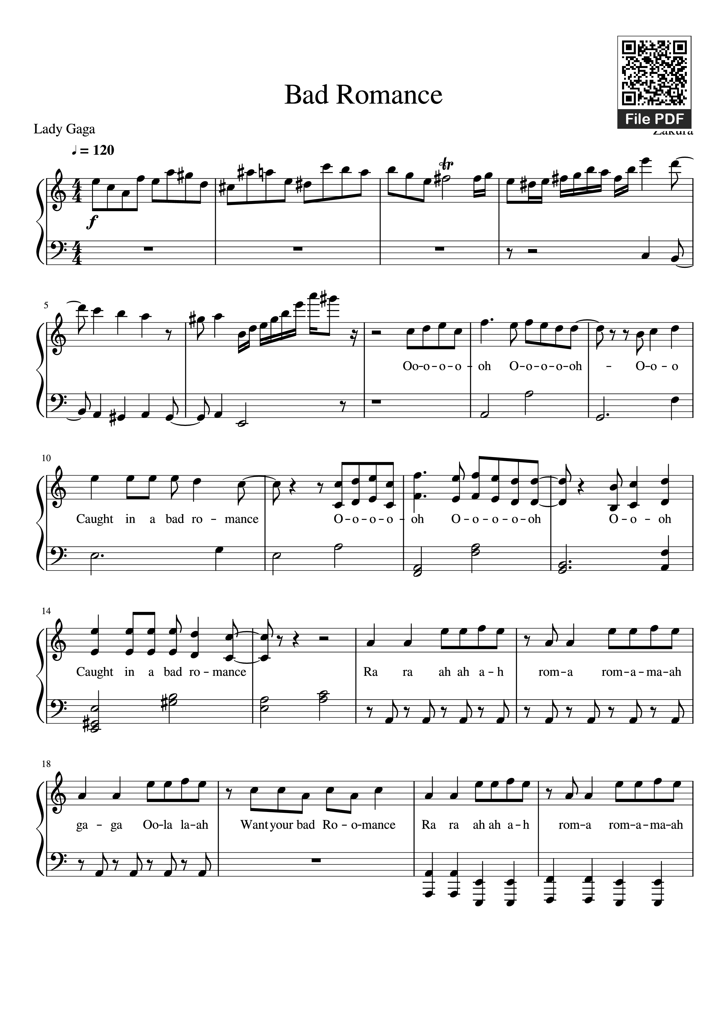Page 1 of the piano sheet music PDF Piano – Bad Romance Piano by Zakura