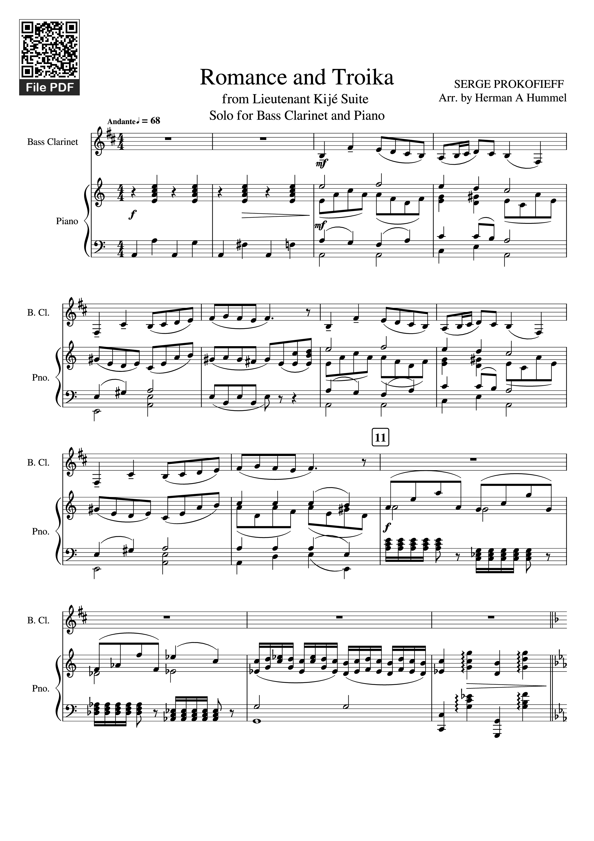 Page 1 of the piano sheet music PDF Piano – Romance and Troika Piano by SERGE PROKOFIEFF Arr. by Herman A Hummel