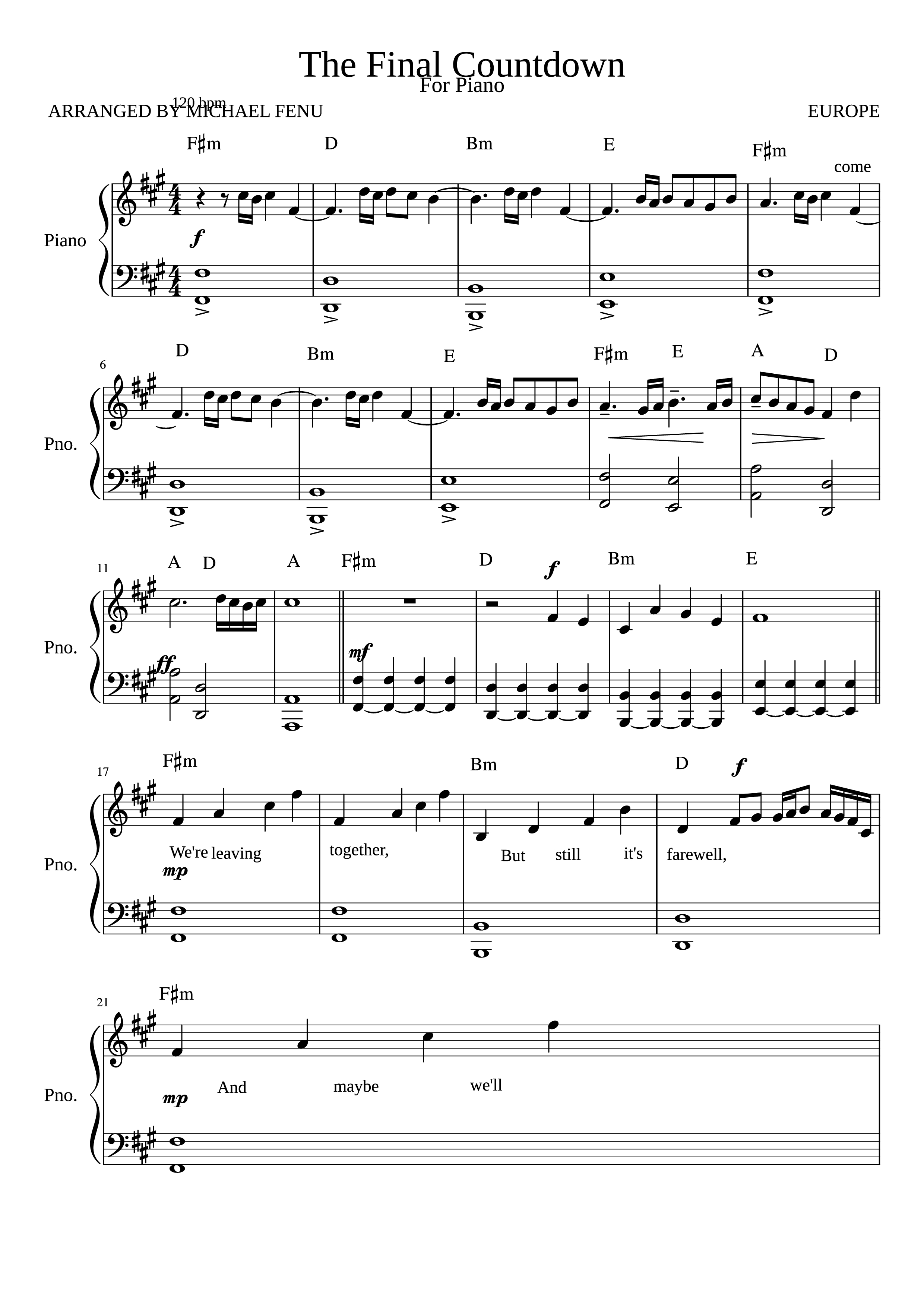 Page 1 of the piano sheet music PDF Piano – The Final Countdown Piano by ARRANGED BY MICHAEL FENU EUROPE