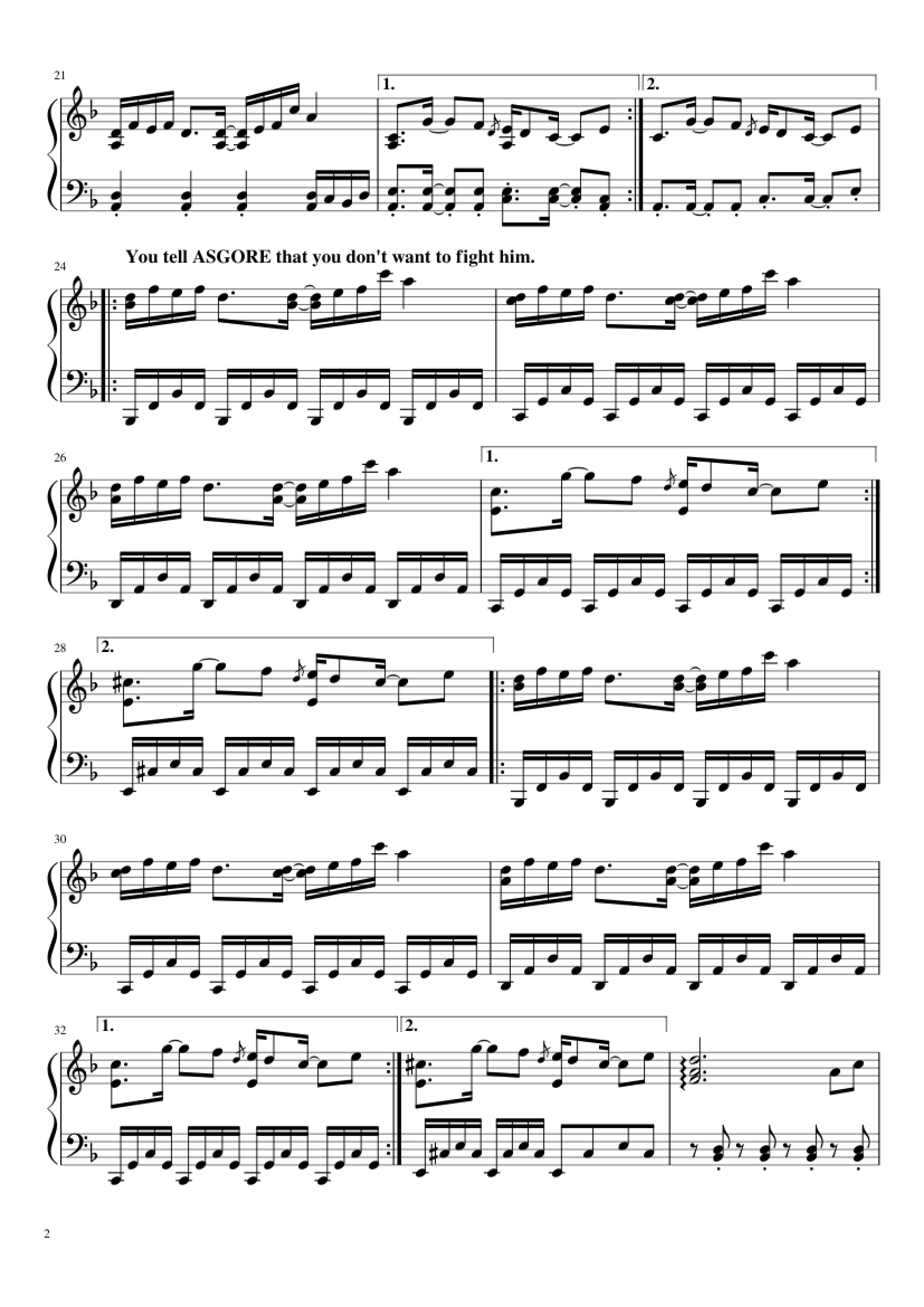 Page 2 of the piano sheet music PDF Piano – Bergentrückung & ASGORE Piano by Toby Fox