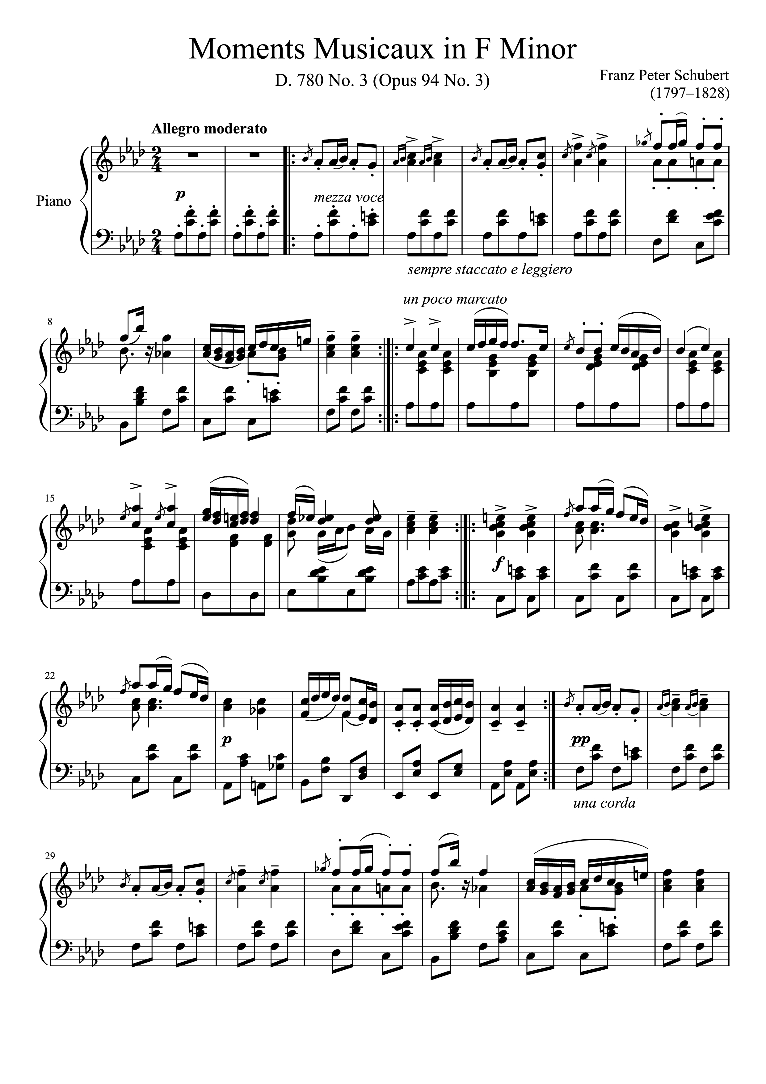 Page 1 of the piano sheet music PDF Piano – Moments Musicaux in F Minor Piano by Franz Peter Schubert