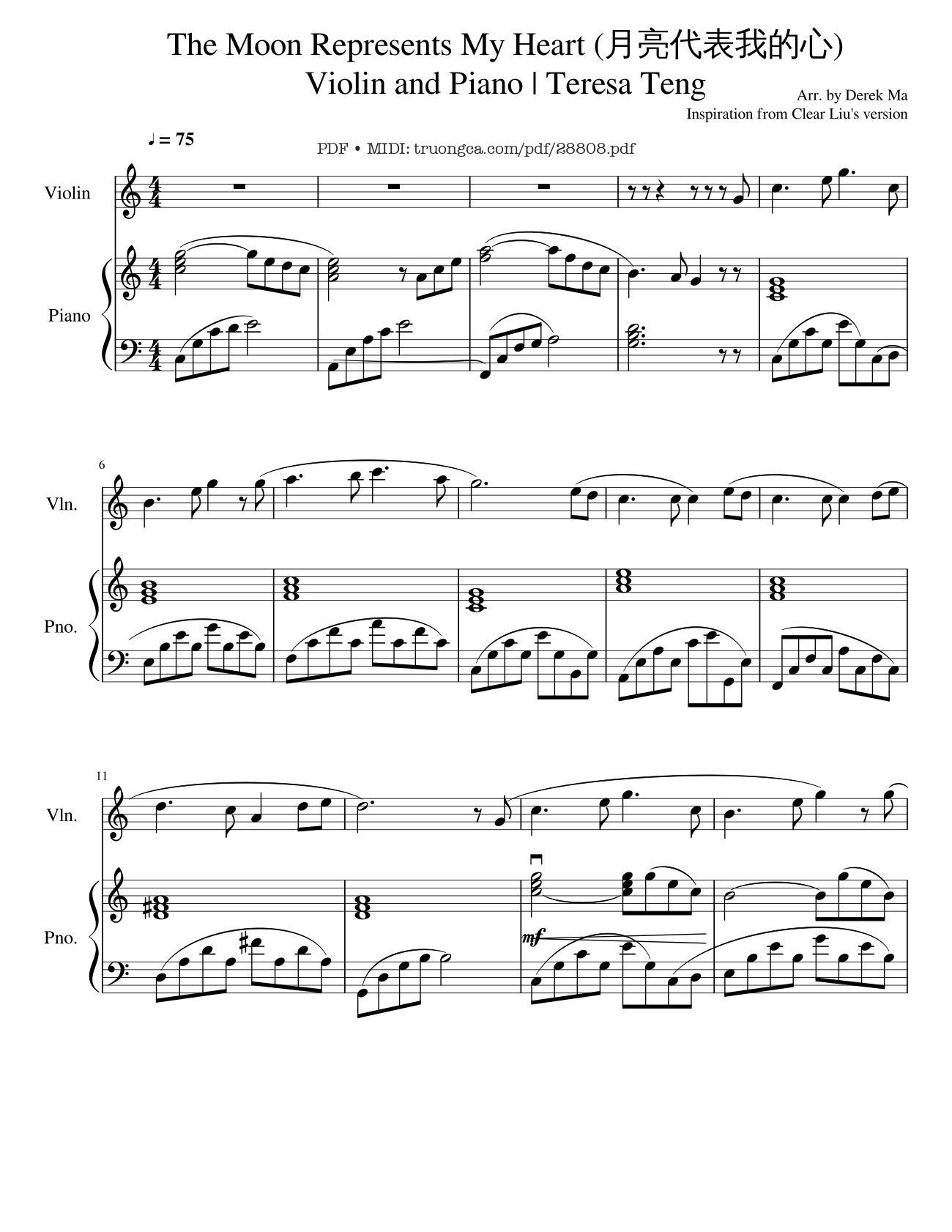 Page 1 of the piano sheet music PDF Piano – The Moon Represents My Heart (月亮代表我的心) Ánh trăng nói hộ lòng tôi Violin and Piano by Teresa Teng