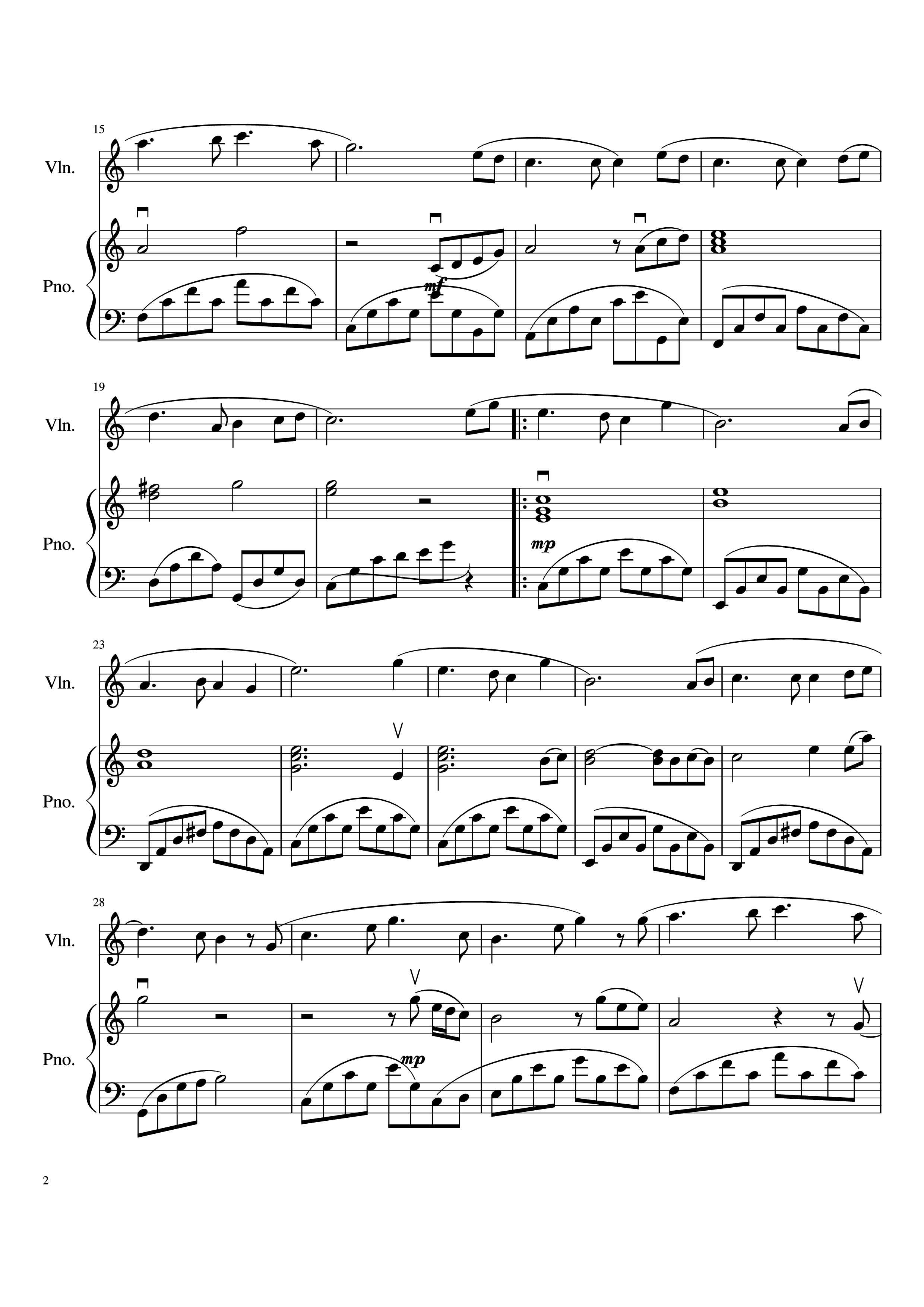 Page 2 of the piano sheet music PDF Piano – The Moon Represents My Heart (月亮代表我的心) Ánh trăng nói hộ lòng tôi Violin and Piano by Teresa Teng