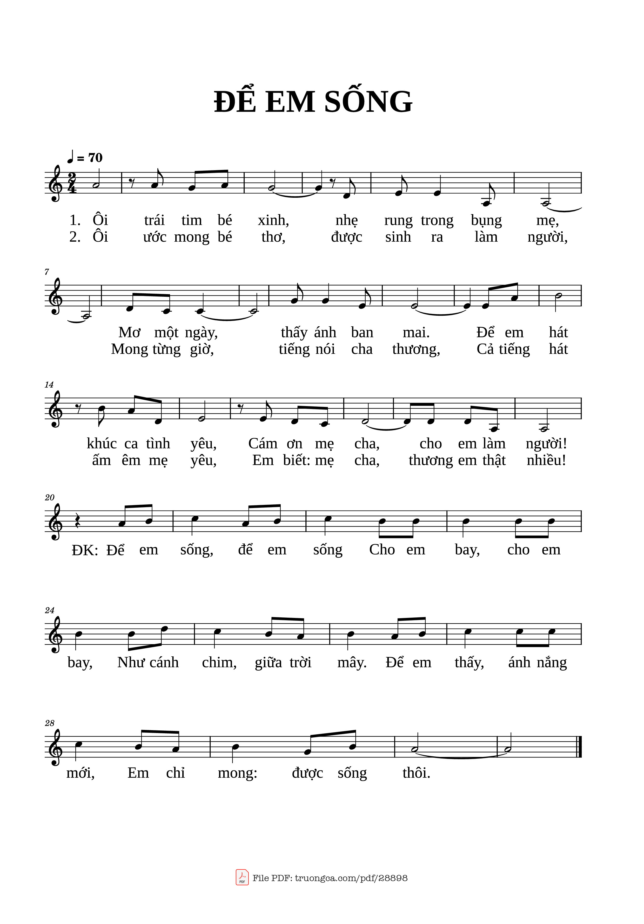 Page 1 of the piano sheet music PDF – Để em sống by Composer