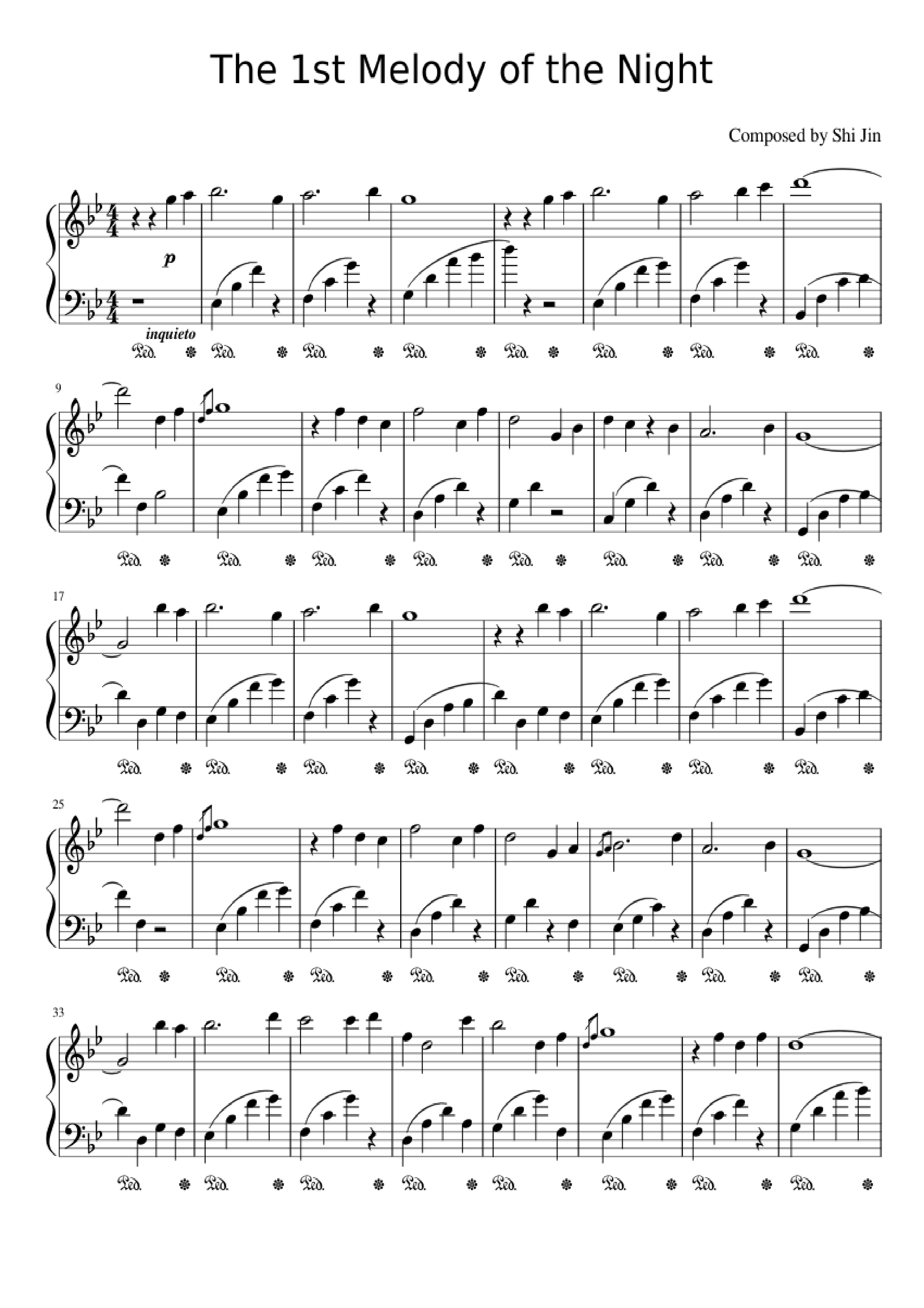 Page 1 of the piano sheet music PDF Piano – The 1st Melody of the Night Piano by Shi Jin