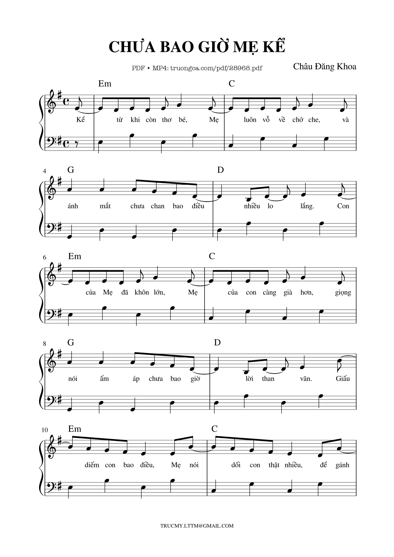 Page 1 of the piano sheet music PDF Piano – Chưa bao giờ mẹ kể Piano by Châu Đăng Khoa