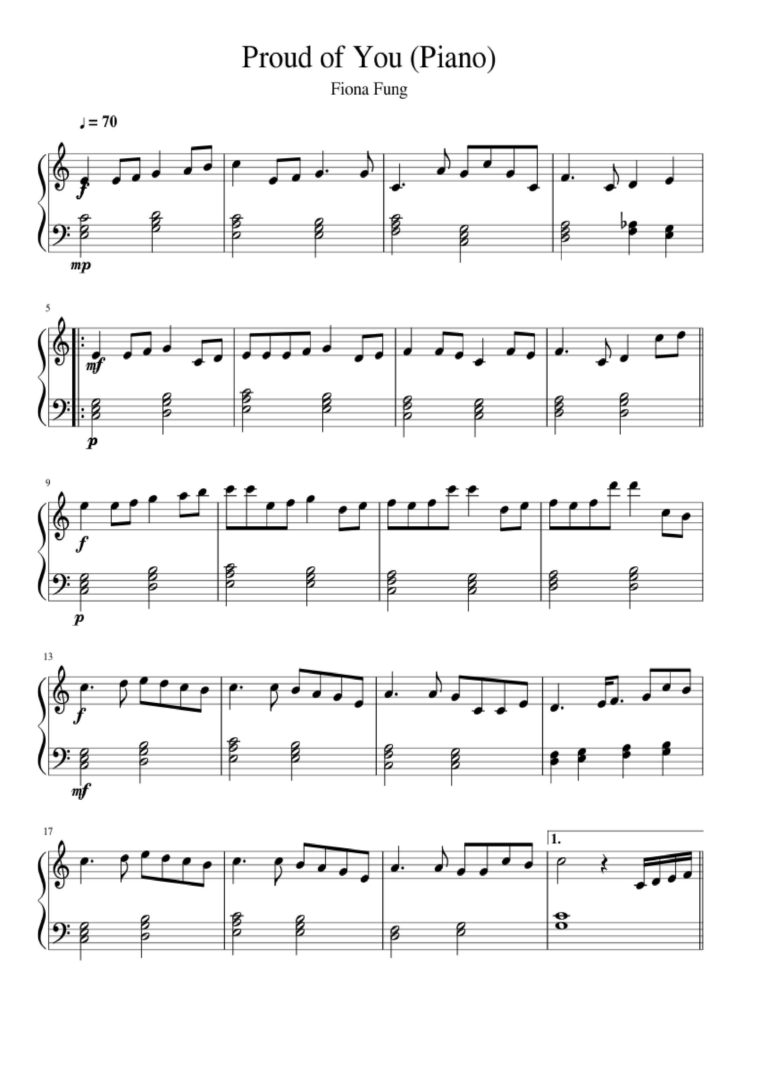 Page 1 of the piano sheet music PDF Piano – Proud of You (Piano) by Fiona Fung