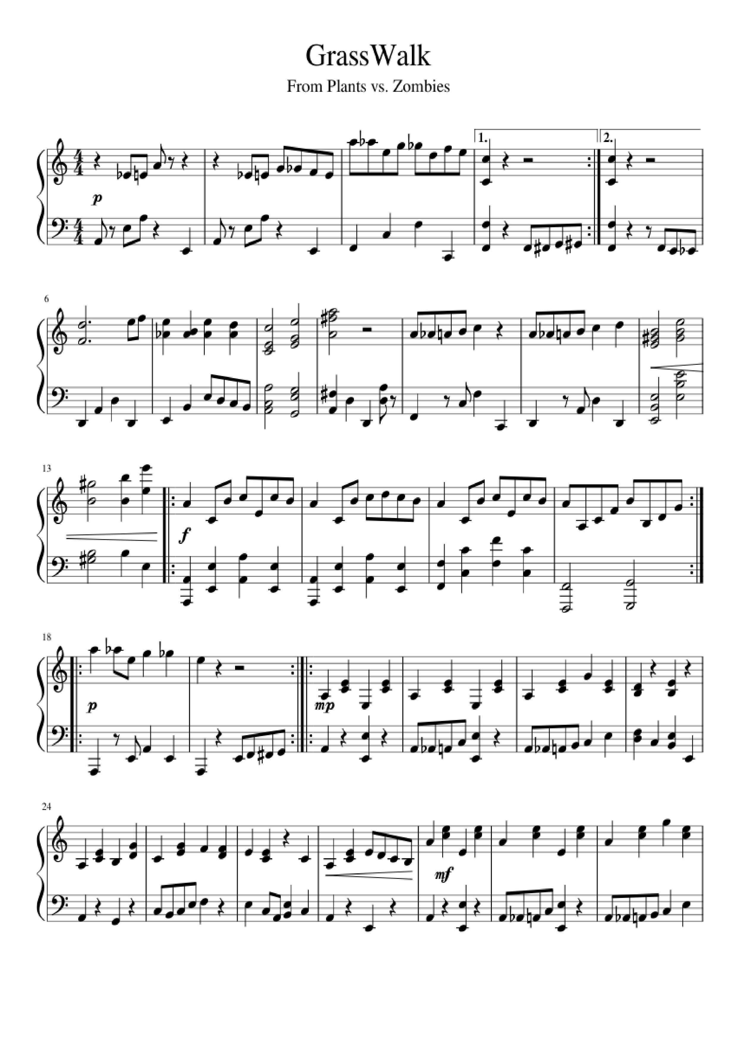 Page 1 of the piano sheet music PDF Piano – GrassWalk Piano by Undefined