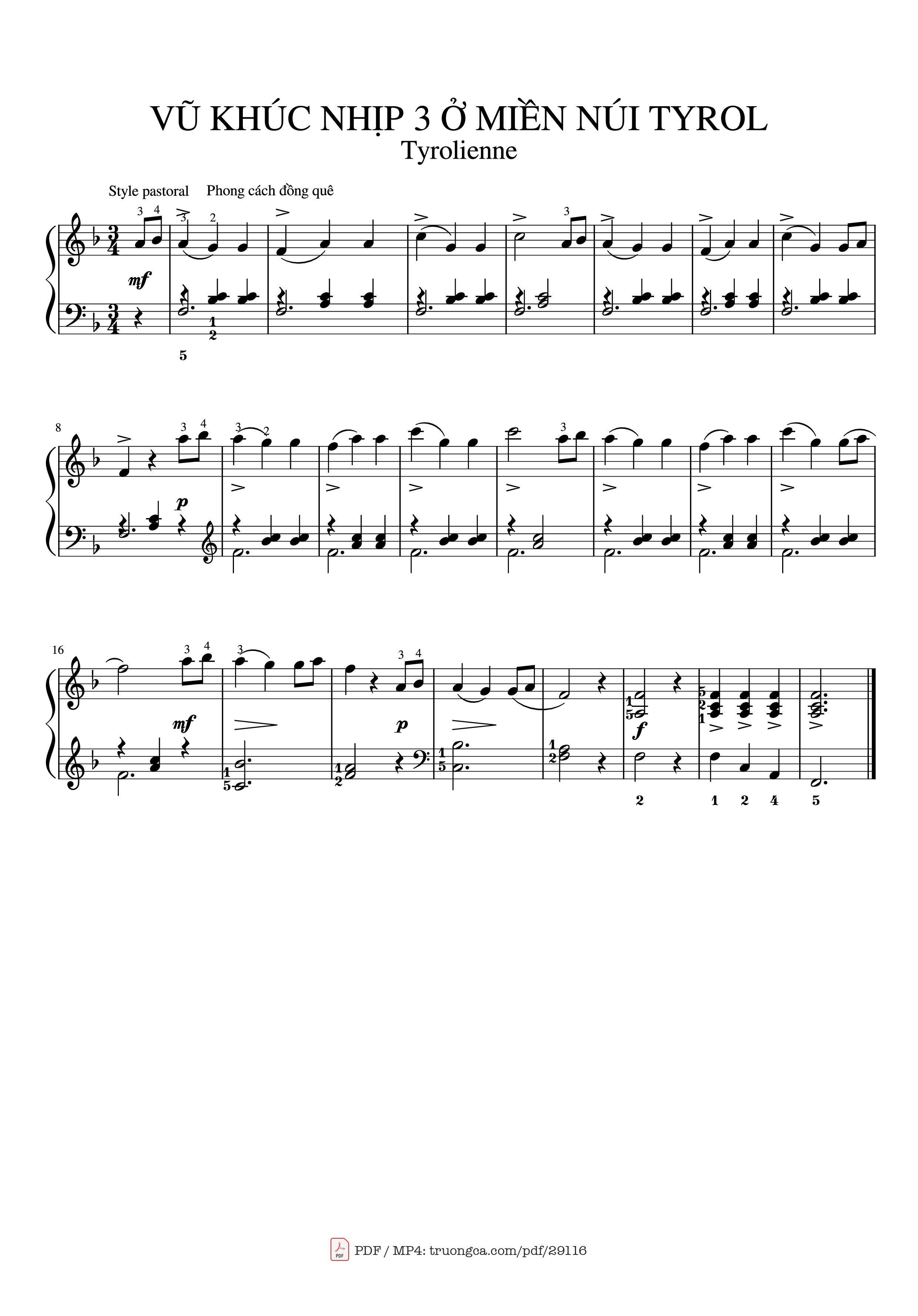 Page 1 of the piano sheet music PDF Piano – Vũ khúc nhịp 3 ở miền núi TYROL Piano by Methode Rose