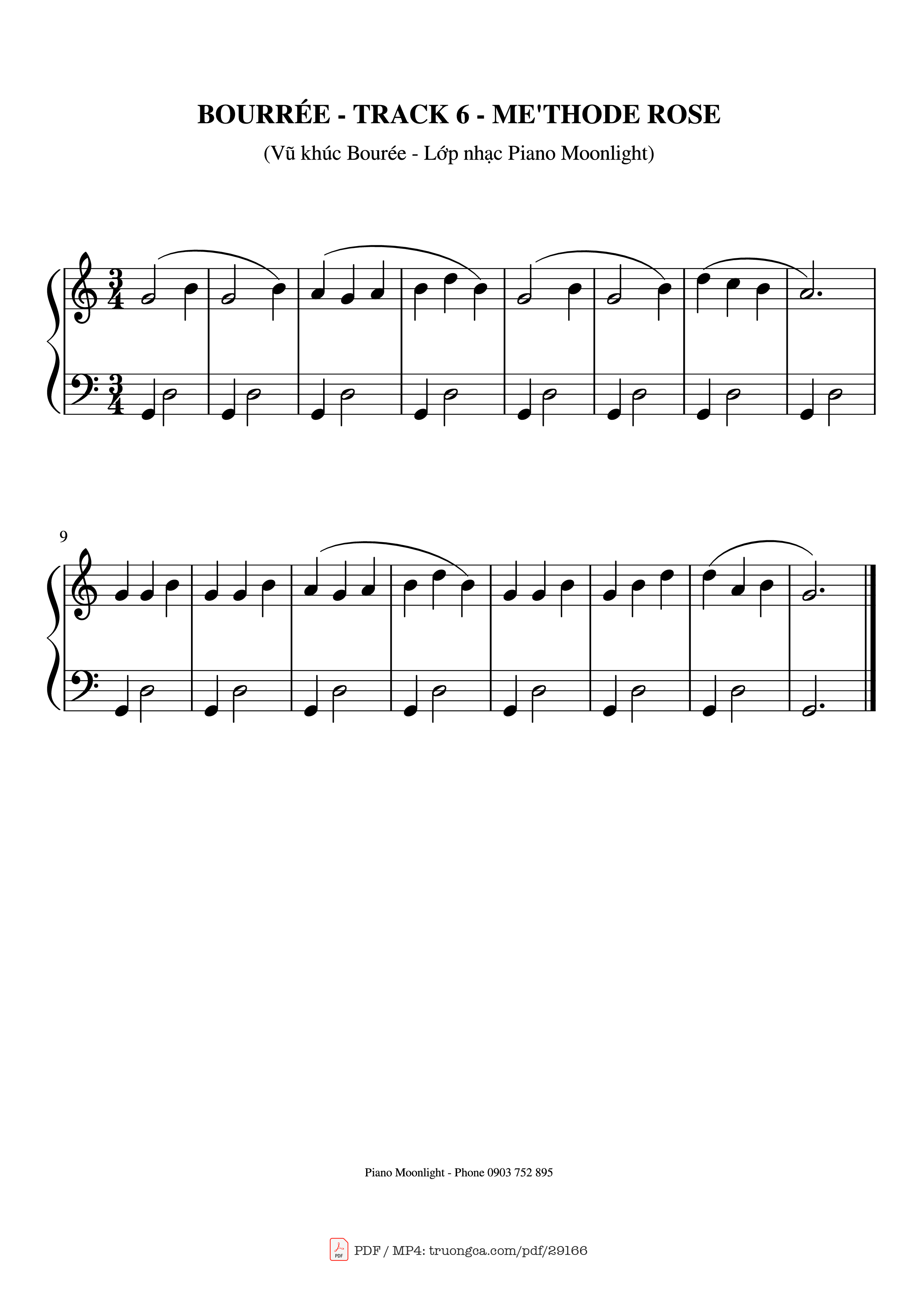 Page 1 of the piano sheet music PDF Piano – BOURRÉE Vũ khúc BOURRÉE Piano by Methode Rose