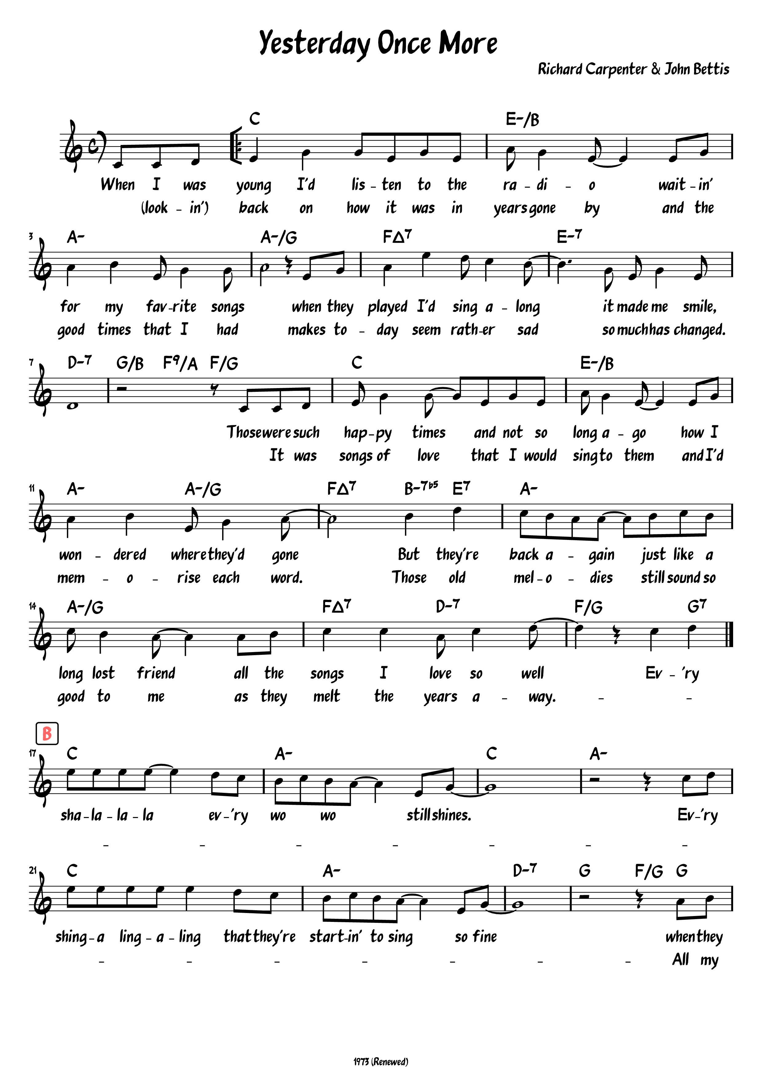 Page 1 of the piano sheet music PDF – Yesterday Once More by Richard Carpenter