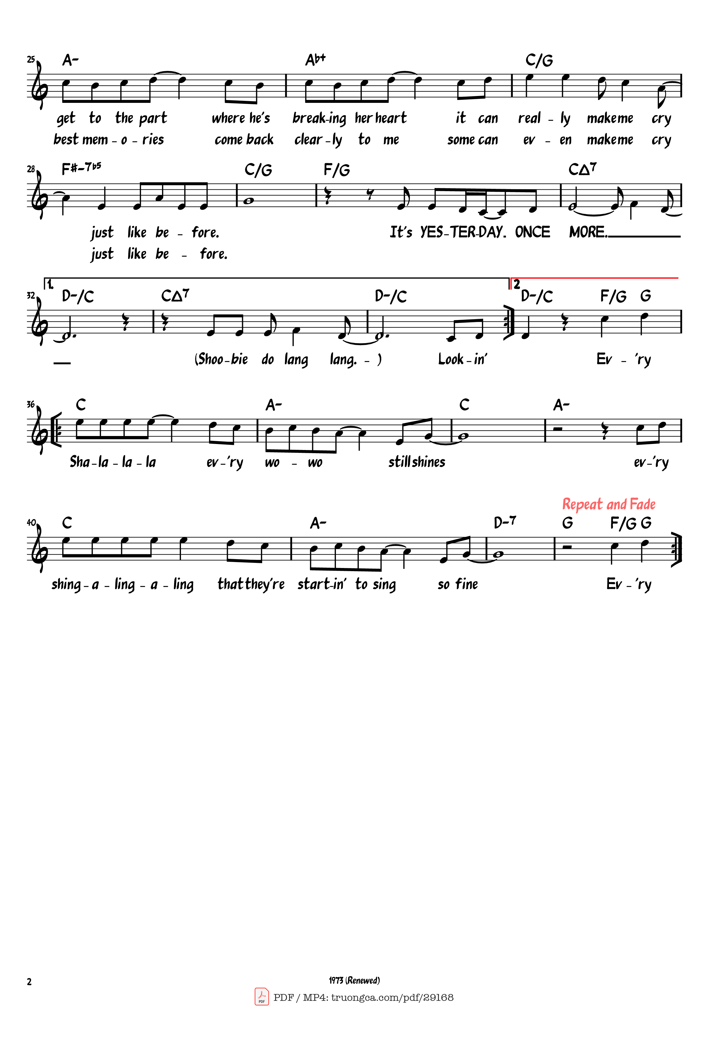 Page 2 of the piano sheet music PDF – Yesterday Once More by Richard Carpenter