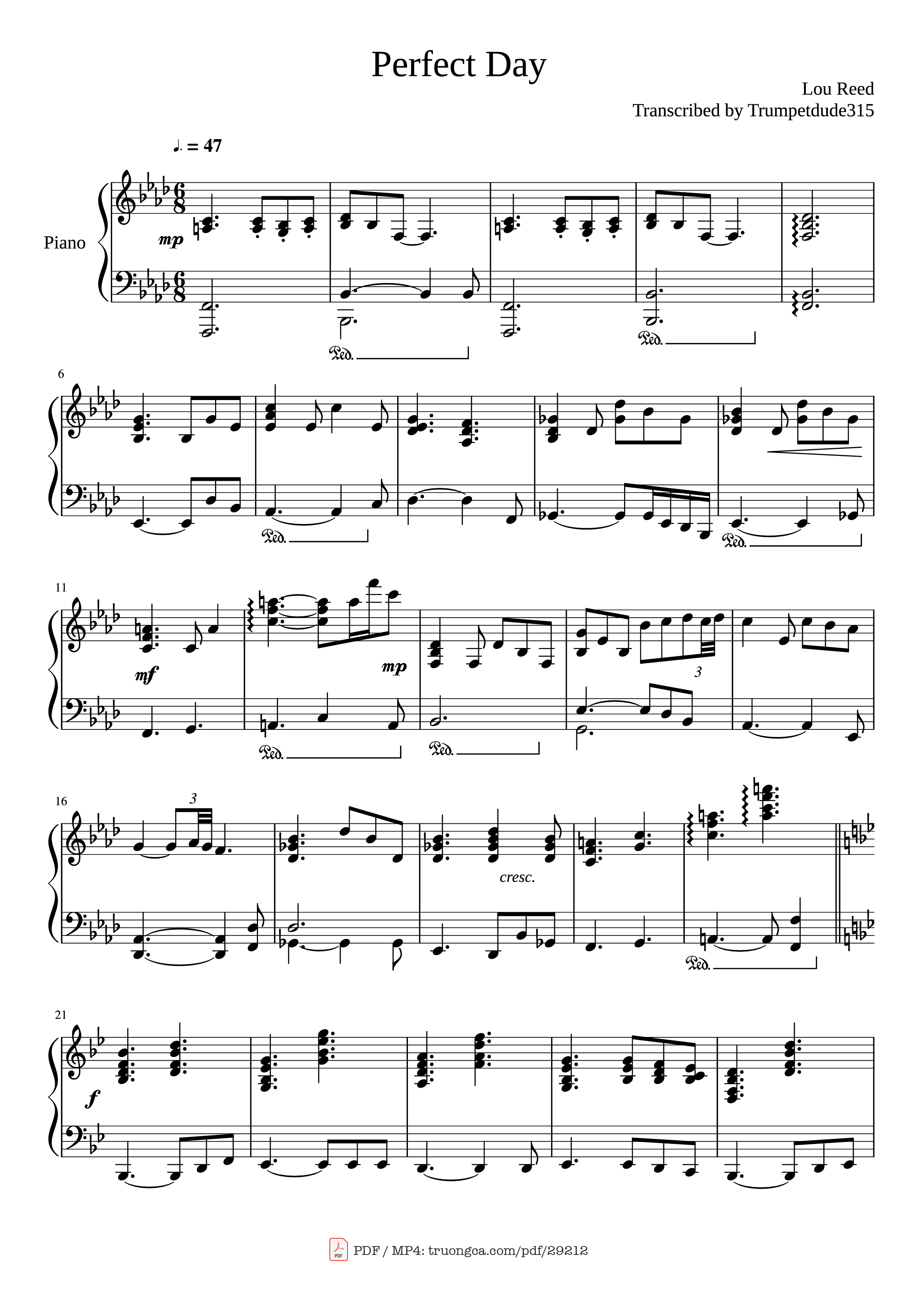 Page 1 of the piano sheet music PDF Piano – Perfect Day Piano by Lou Reed Transcribed by Trumpetdude315