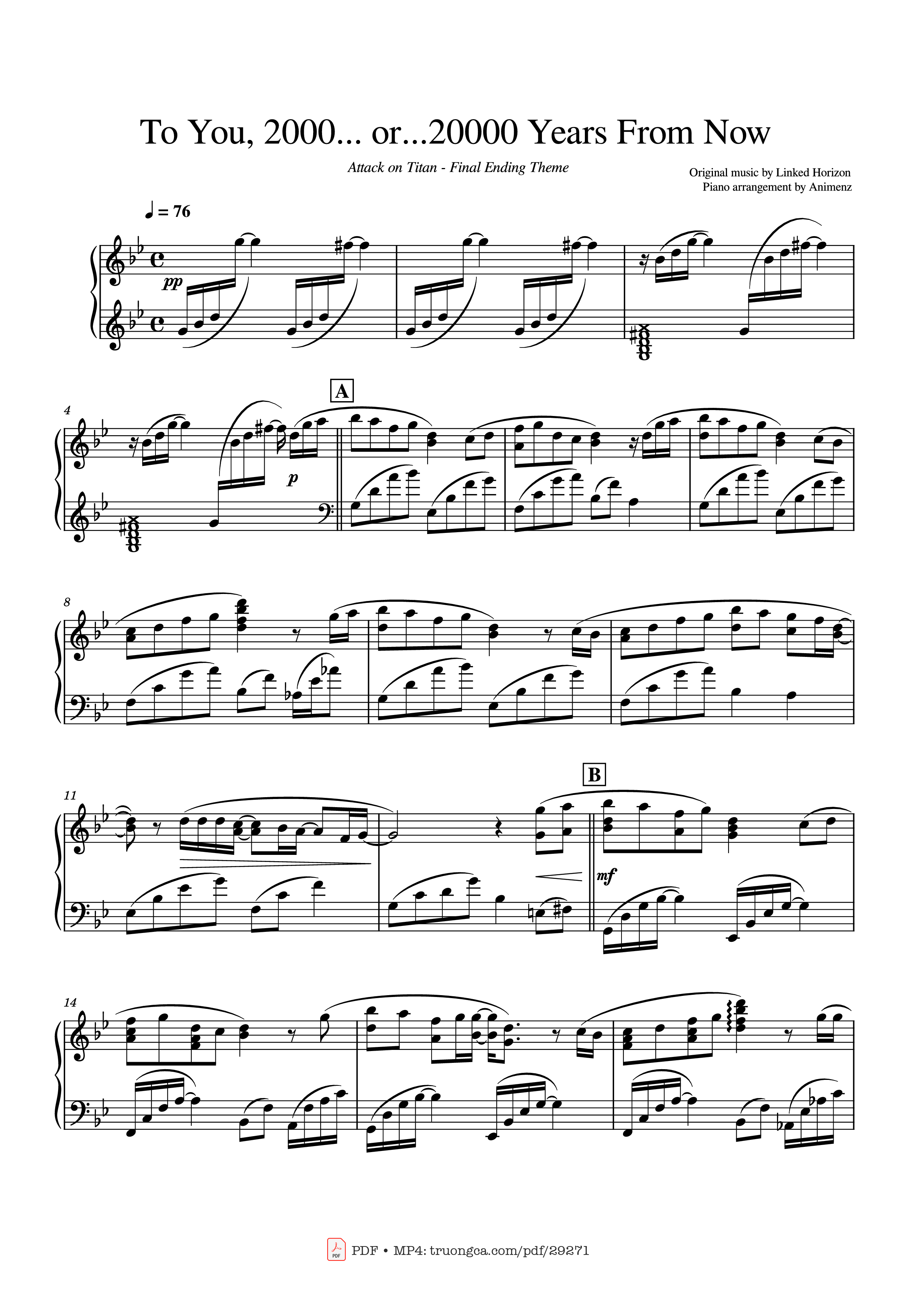 Page 1 of the piano sheet music PDF Piano – To You, 2000... or...20000 Years From Now Piano by Original music by Linked Horizon