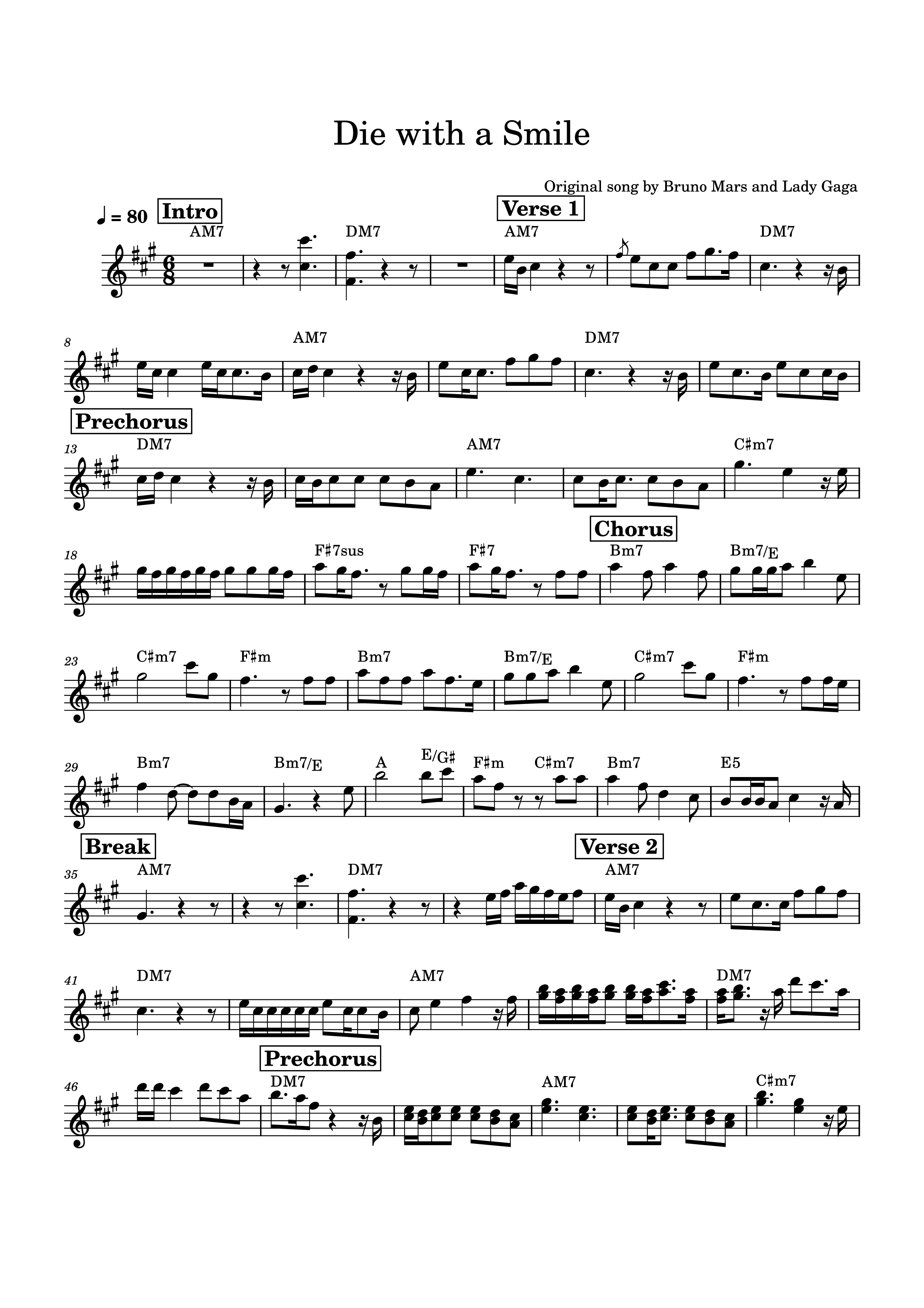 Page 1 of the piano sheet music PDF – Die with a Smile Violin by Original song by Bruno Mars and Lady Gaga