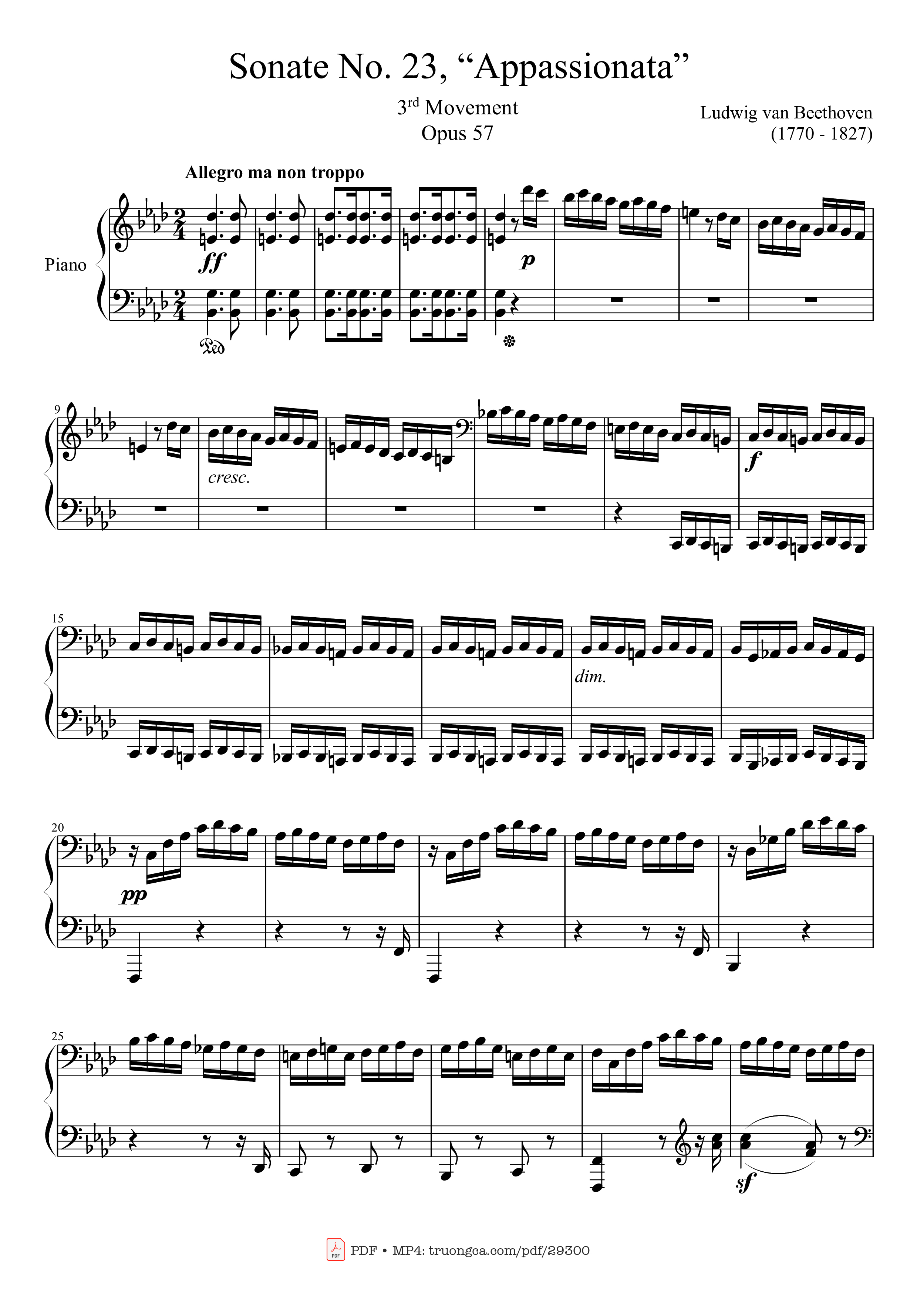Page 1 of the piano sheet music PDF Piano – Sonate No. 23, Appassionata 3rd Movement by Ludwig van Beethoven