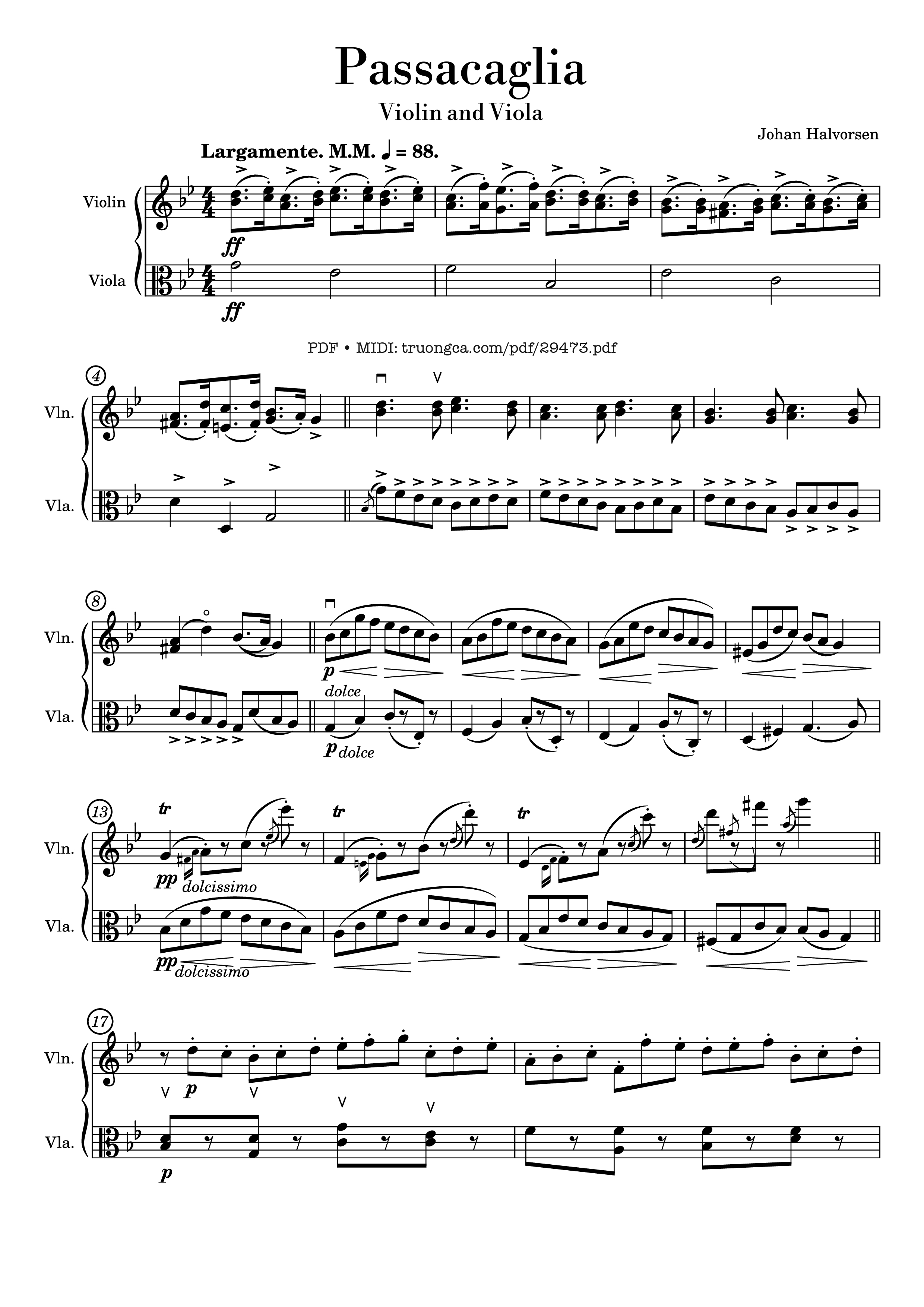 Page 1 of the piano sheet music PDF – Passacaglia for Violin and Viola by Johan Halvorsen