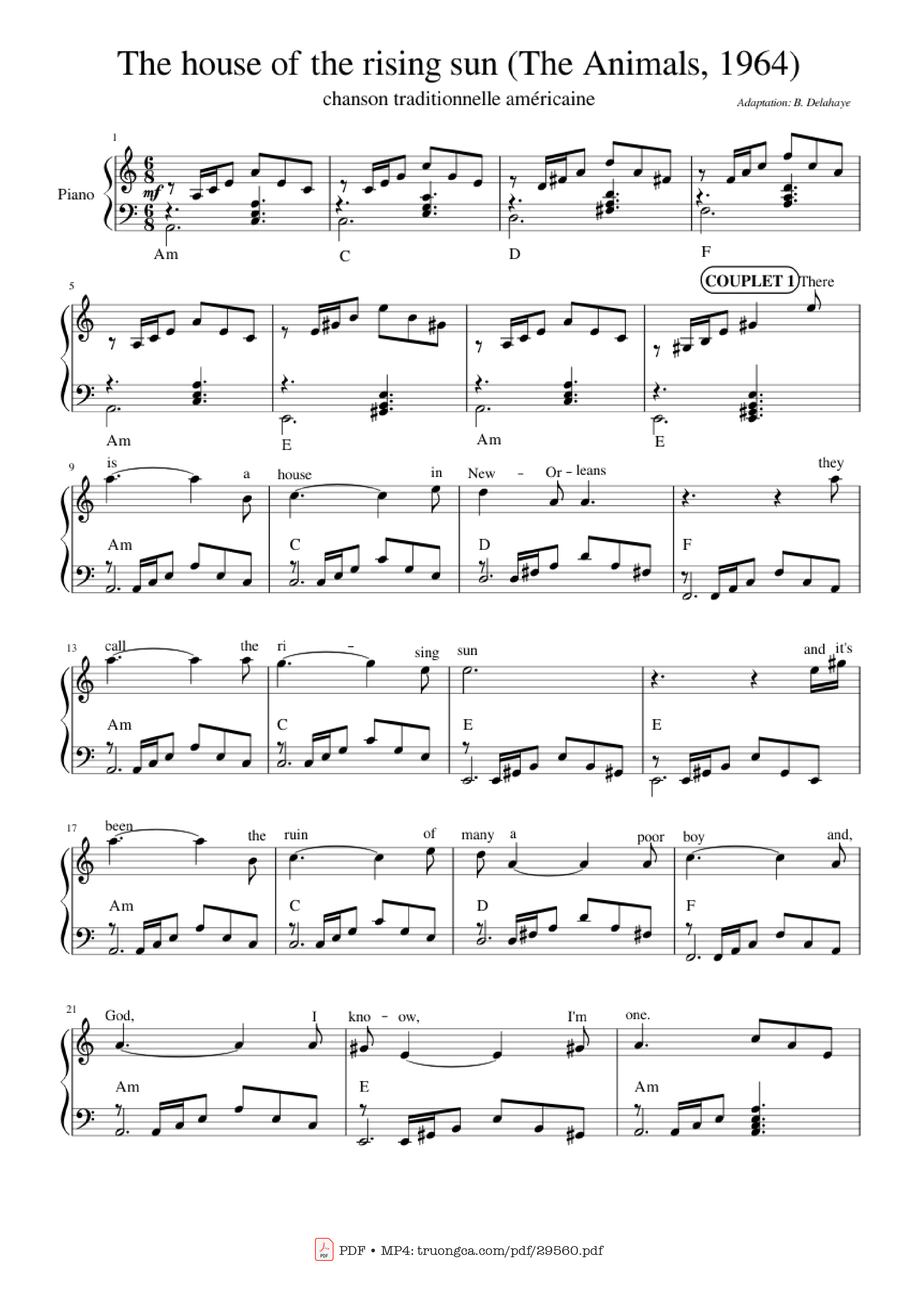 Page 1 of the piano sheet music PDF Piano – The house of the rising sun (The Animals) Piano by Bernard Delahaye