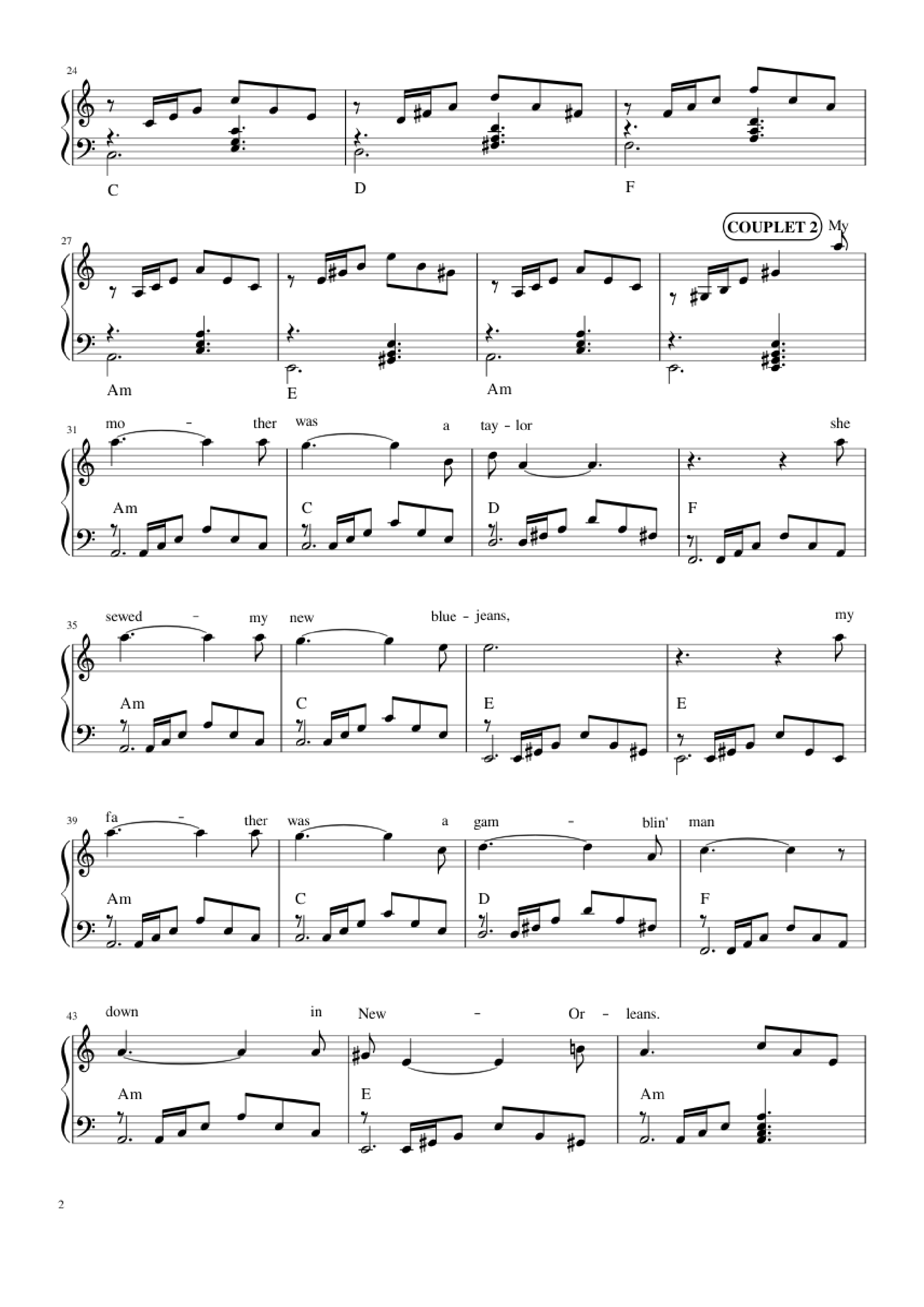 Page 2 of the piano sheet music PDF Piano – The house of the rising sun (The Animals) Piano by Bernard Delahaye