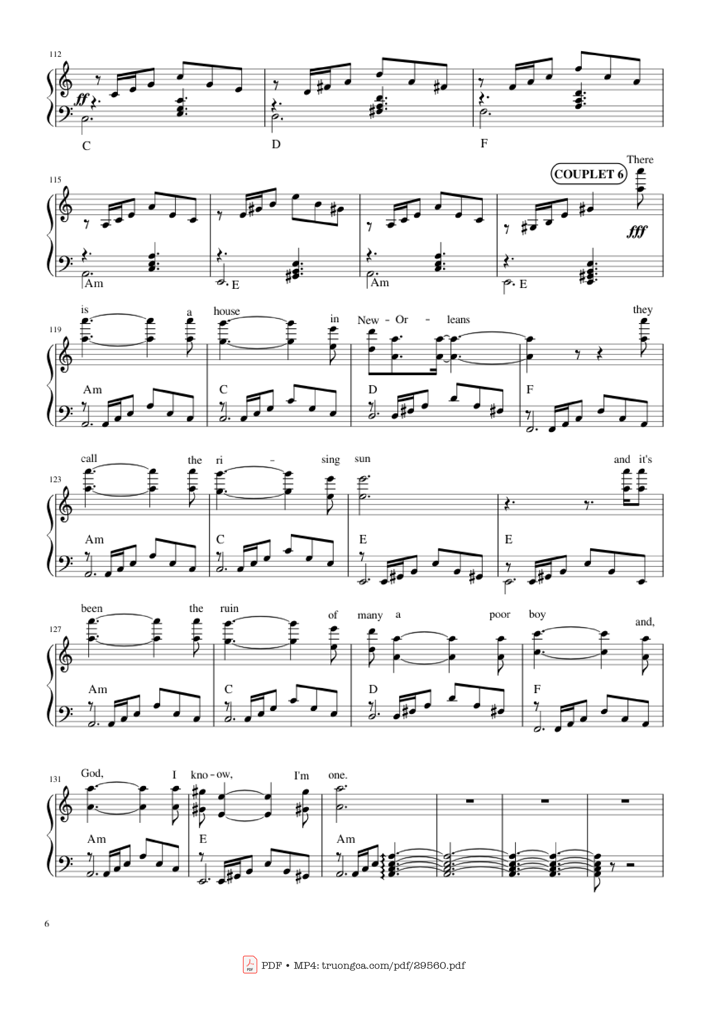 Page 6 of the piano sheet music PDF Piano – The house of the rising sun (The Animals) Piano by Bernard Delahaye