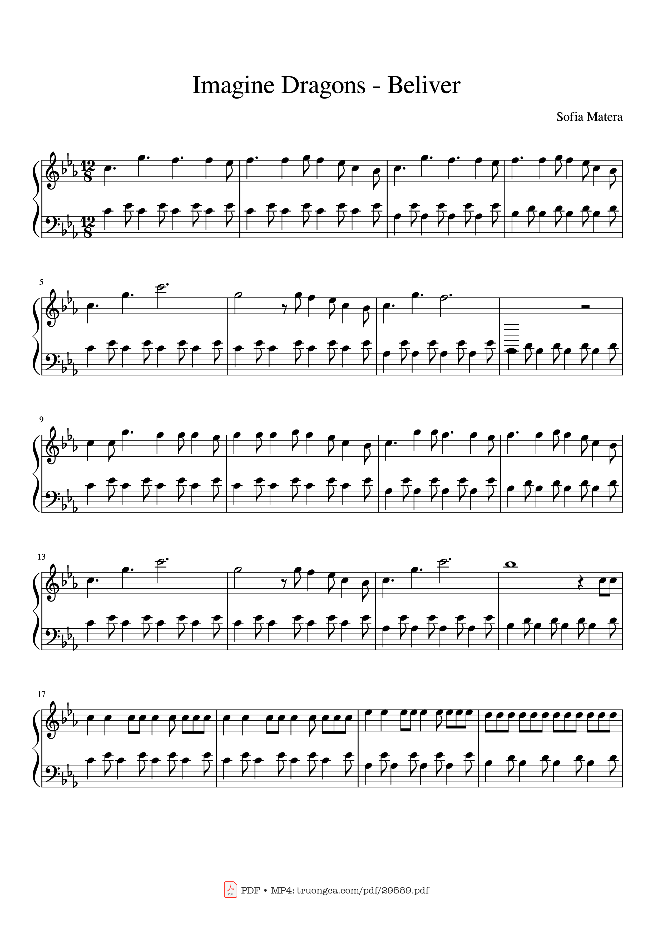 Page 1 of the piano sheet music PDF Piano – Imagine Dragons - Beliver Piano by Sofia Matera